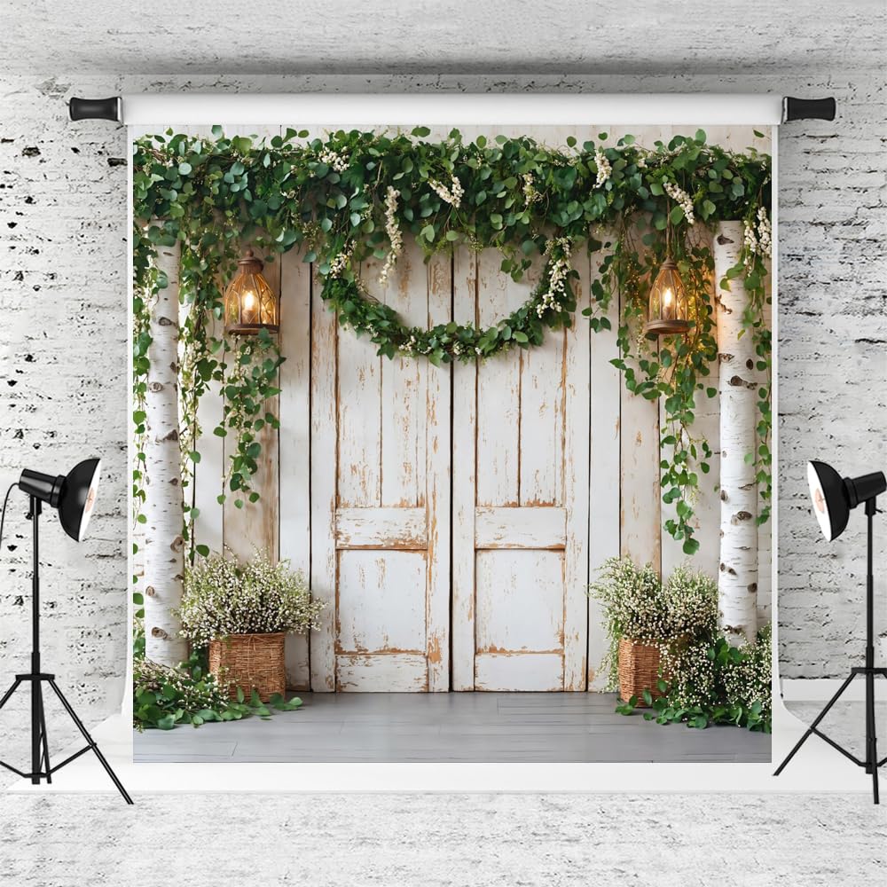 Kate 8x8ft Spring Plants Backdrop for Photography White Wood Door Background Photo Studio Props