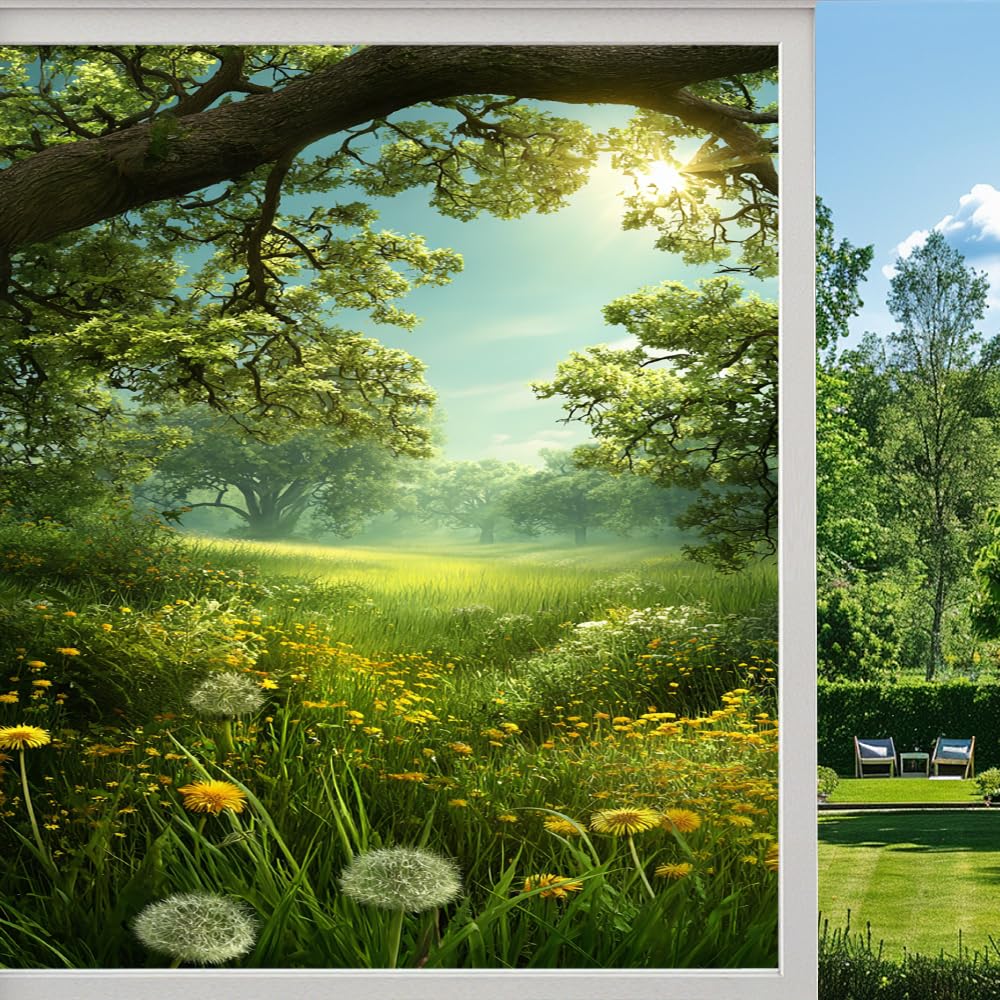 Pmlbaous Sunshine Grassland Privacy Window Film, Natural Dandelion Field Frosted Self-Adhesive Vinyl Cling For Glass Doors Bathroom Windows Sun Blocking Heat Control, （55X100cm）