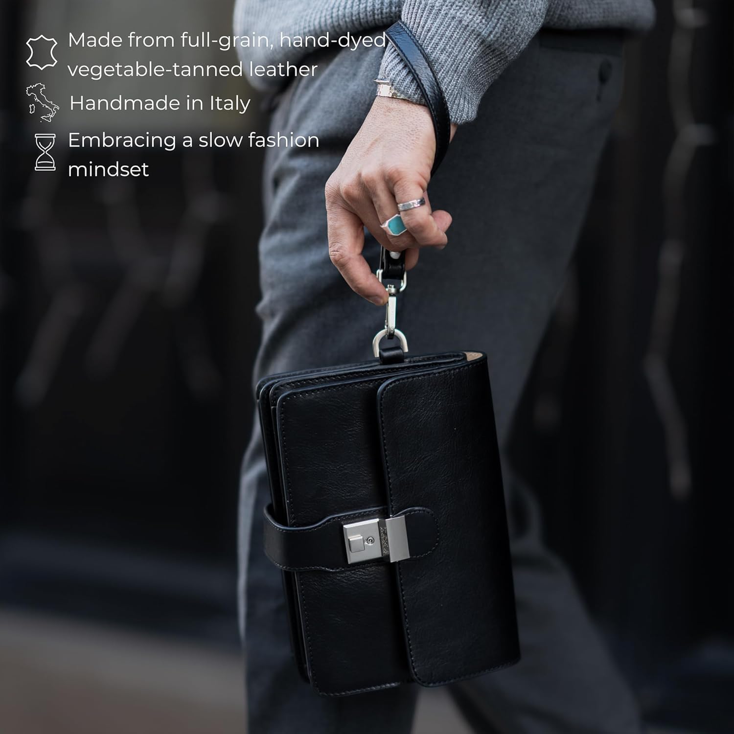 Time Resistance Leather Clutch - Men's Organizer Wrist Bag - Briefcase Handmade in Italy