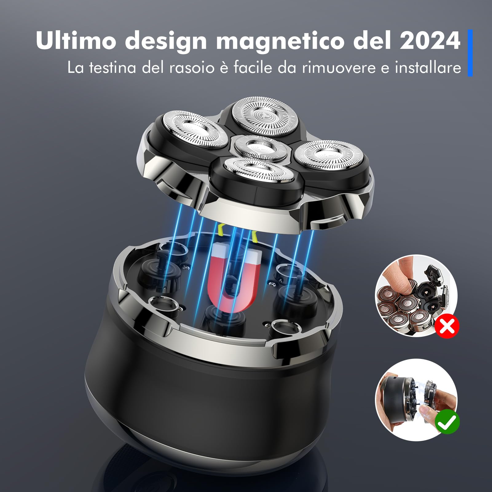 Rasoio Testa Calva, Rasoio Elettrico Barba, 5D Rasoio Capelli Uomo Testa con Rasoio Testa Magnetiche, Wet & Dry 100% Lavabile, USB Ricaricabile Senza Fili MOJO 1 2K