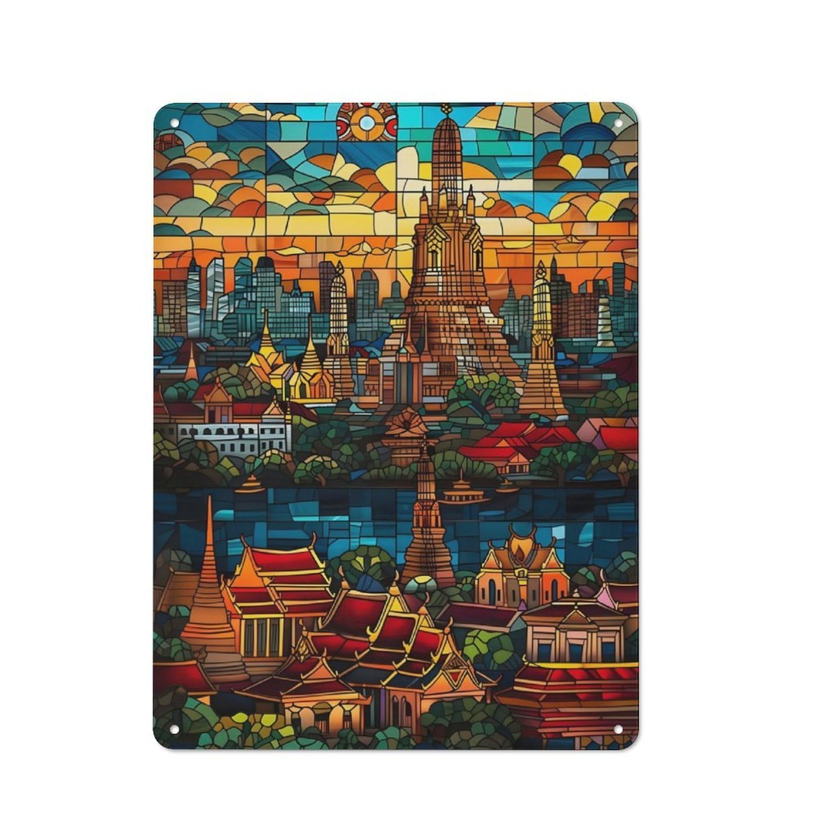 Junmoney Bangkok Temple Sunset Printed Metal Sign 40X30cm For Guest Room Or Hallway, Suited To Home Decor Collectors
