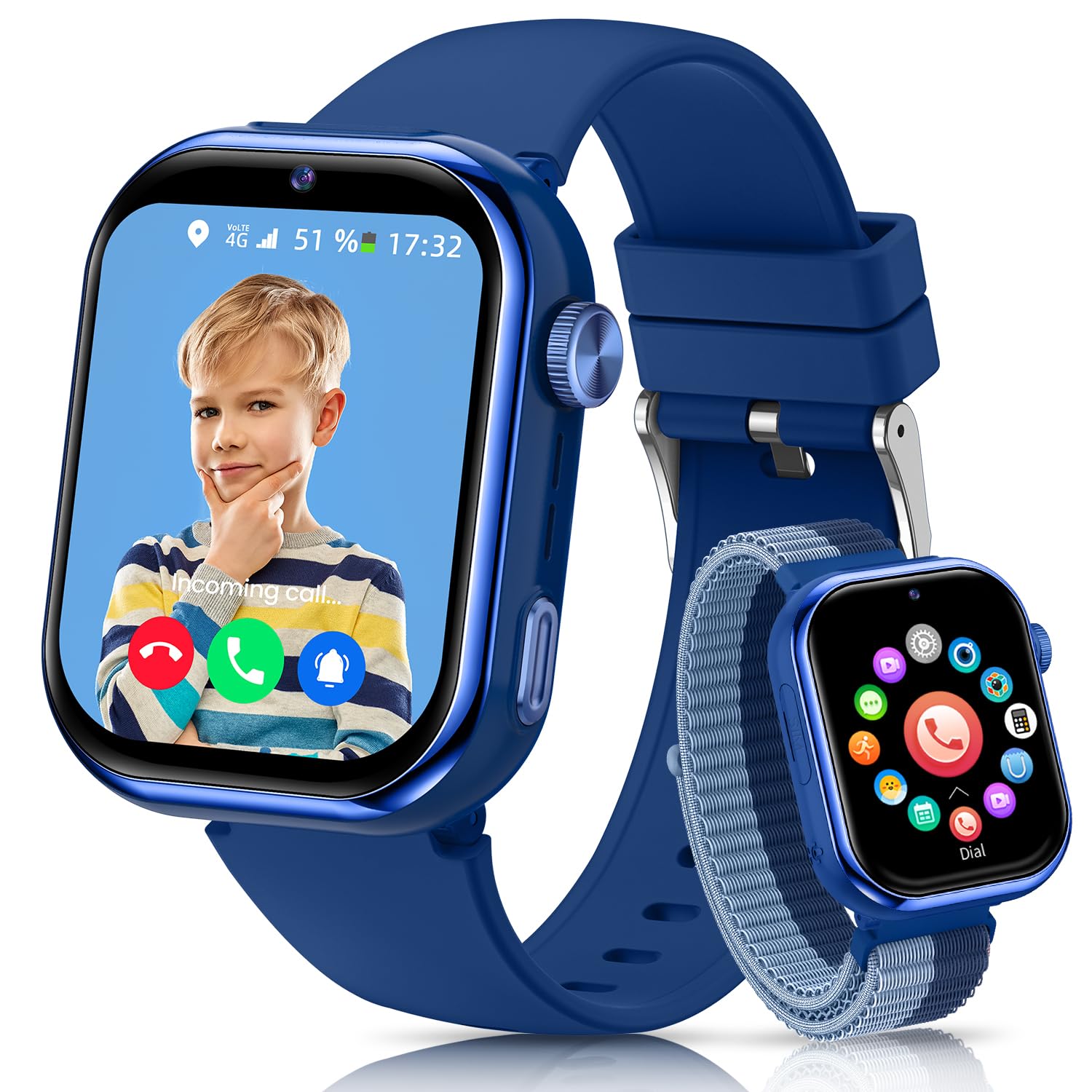 AIMIUVEI 4G Reloj Inteligente Niño, 1.83''HD Smartwatch Niños con GPS y Llamadas, Batería de 800 mAh, Videollamadas y Chat de Voz, WiFi/LBS/SOS/SMS, Modo Escuela, Podómetro, Despertador (Azul)
