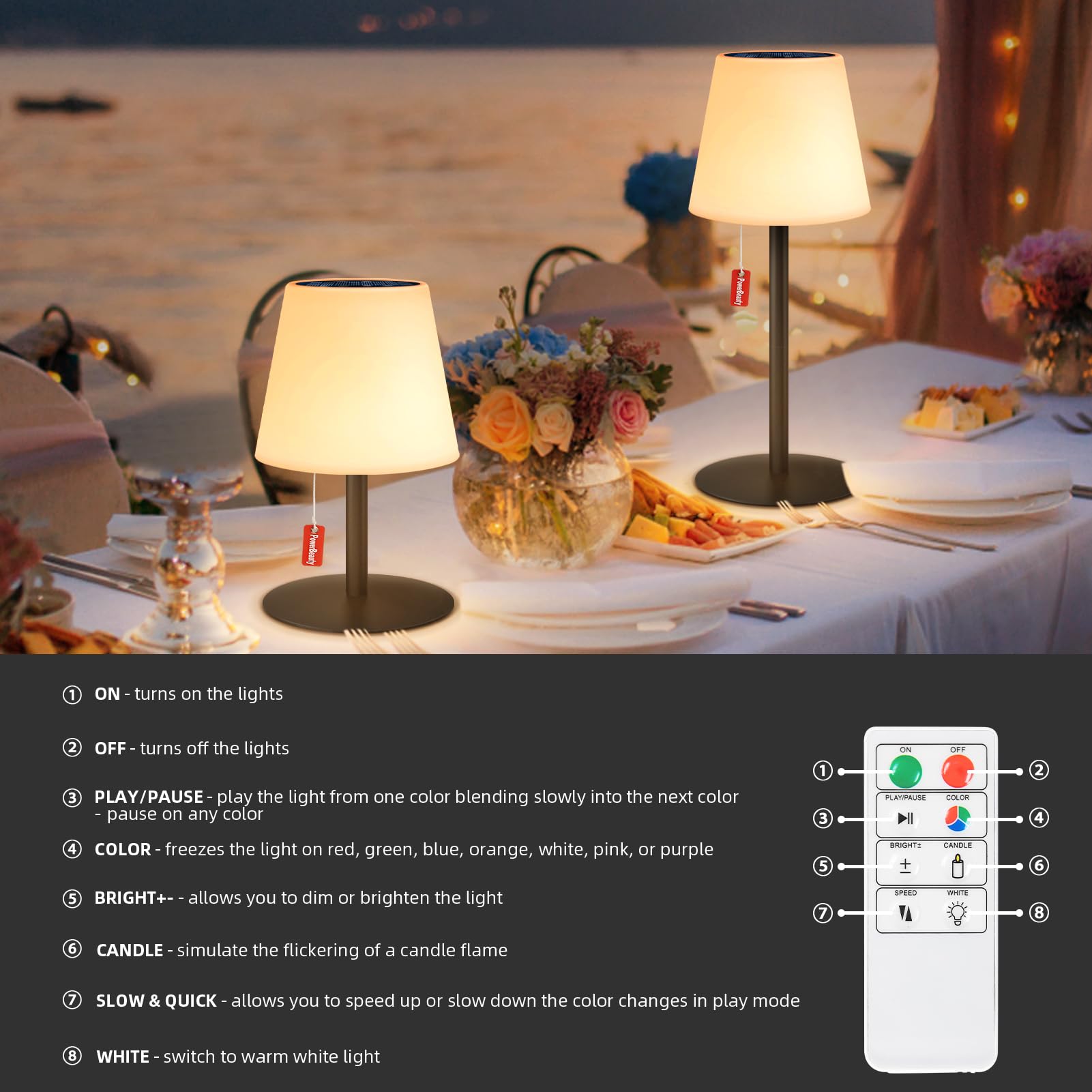 MALUX Solar Tischlampe Outdoor Warmweiß Zugschalter Solare Aufladung & USB-Ladung Fernbedienung Tischlampe Akku 8 Farben Solar Tischleuchte Outdoor Wasserdicht IP54 für Garten Wohnzimmer Terrasse