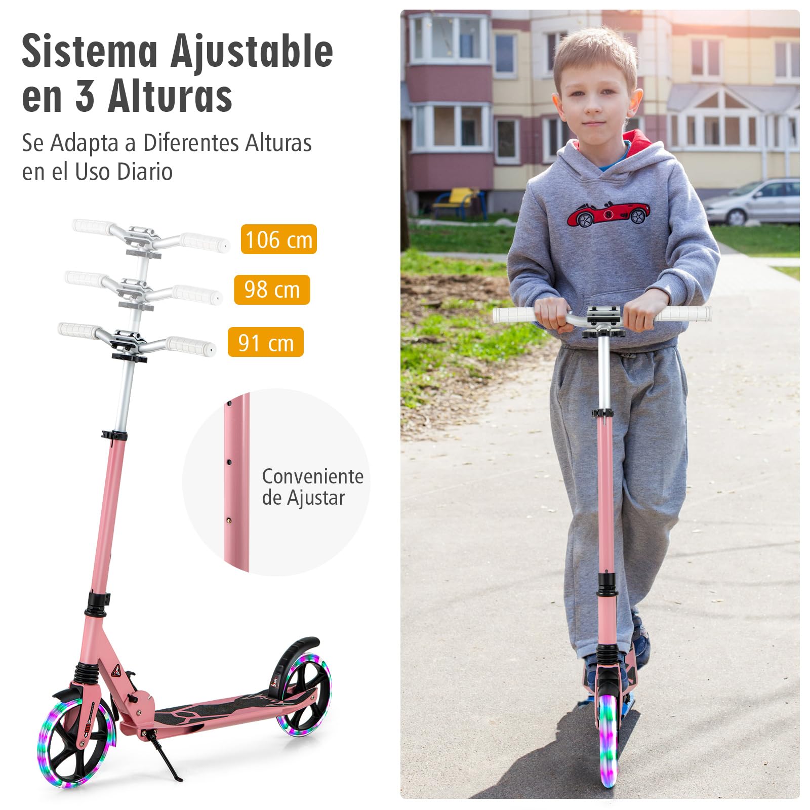 COSTWAY Patinete para Niños Más de 8 Años, Patinete Plegbale con Luces LED y Ruedas en PU Silenciosas 200mm XXL, Altura Regulable, Superficie Antideslizante y Freno de Pedal, Scooter Adulto
