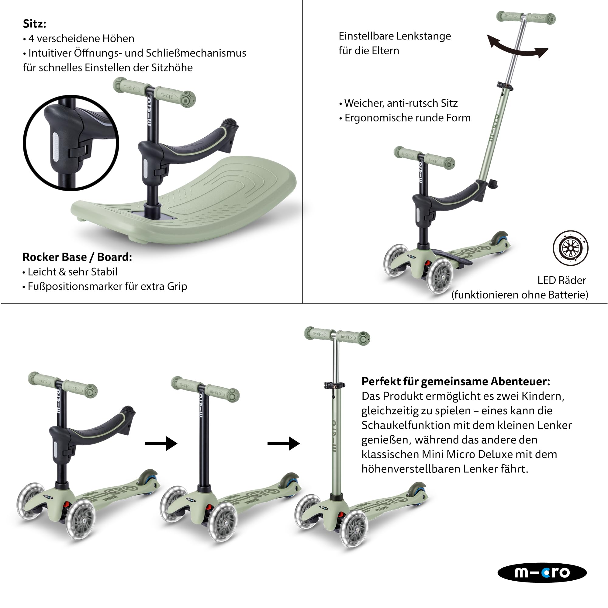 micro™ mini micro Deluxe Rock & go LED | Das ORIGINAL | Innovatives 6-in-1 System | Vom Wippen zum Scooter, Alles INKLUSIVE | Roller für Kinder von 1 bis 6 Jahren
