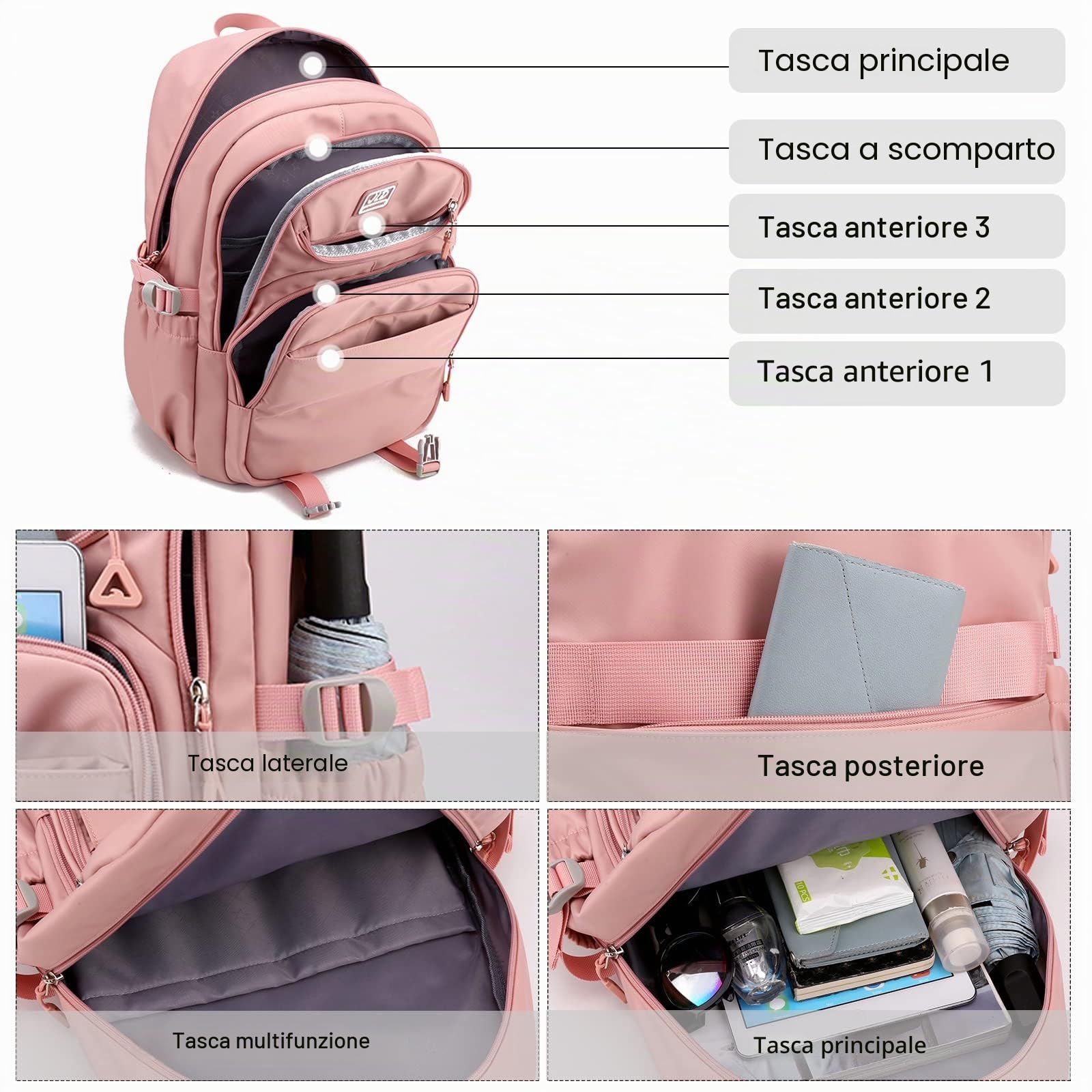 FANDARE Zainetti Cartelle per la scuola Zaino Scuola Elementare Zaino Casual Ragazze Ragazzi Zainetto per Adolescenti Studenti Scuole primarie medie inferiori Università Viaggiare Daypacks Rosa