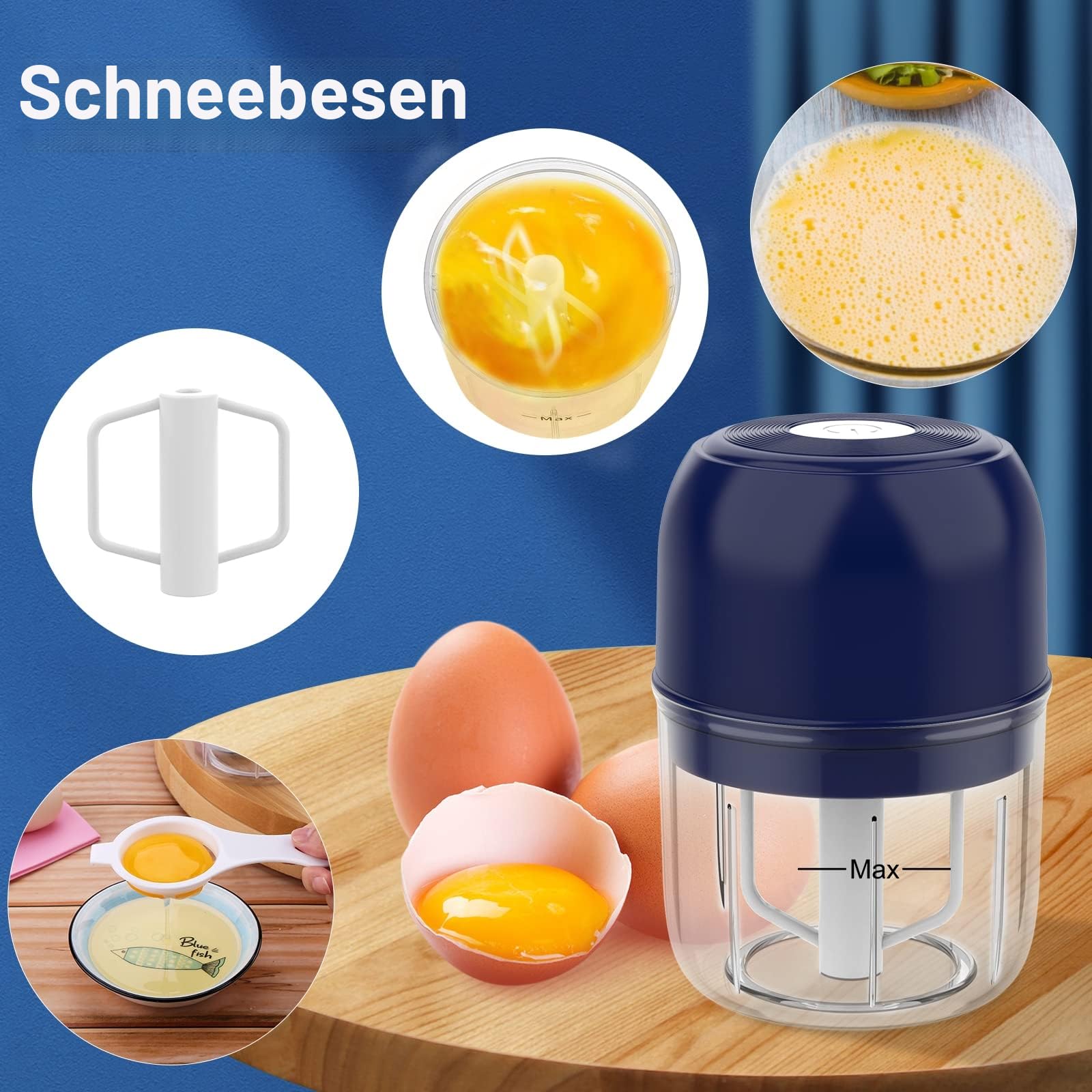 BlumWay 2 in 1 Elektrischer Knoblauchzerkleinerer, Mini-Zerkleinerer mit Eierschlägel, Lebensmittelzerkleinerer Fleischwolf, tragbarer Zwiebelschneider für Gemüse, Obst, Knoblauch, 250+250 ml (Blau)
