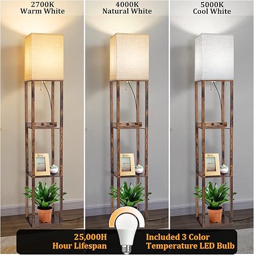 Miniatura 3 de Dott Arts Lámpara de pie con estantes, lámpara de estante con cargador inalámbrico y puertos USB A+C y 2 salidas de CA, 3 lámparas de pie altas de