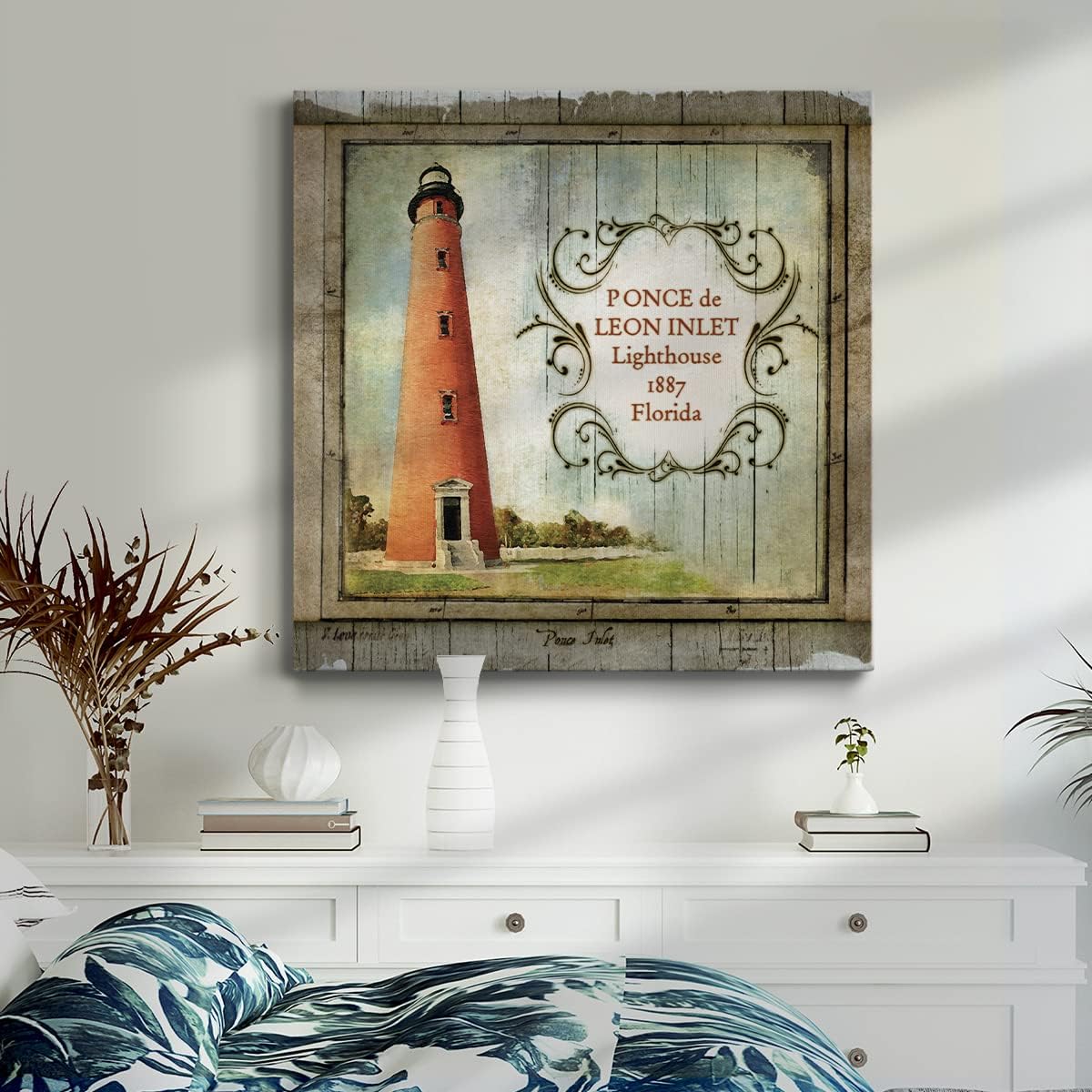 Renditions Gallery Vintage Wall Art for Home Decorations Ponce de Leon Inlet Lighthouse in Florida Rustic Canvas Artwork for Bedroom Dining Room Office Kitchen Walls - 10"X10" LT502 image 3