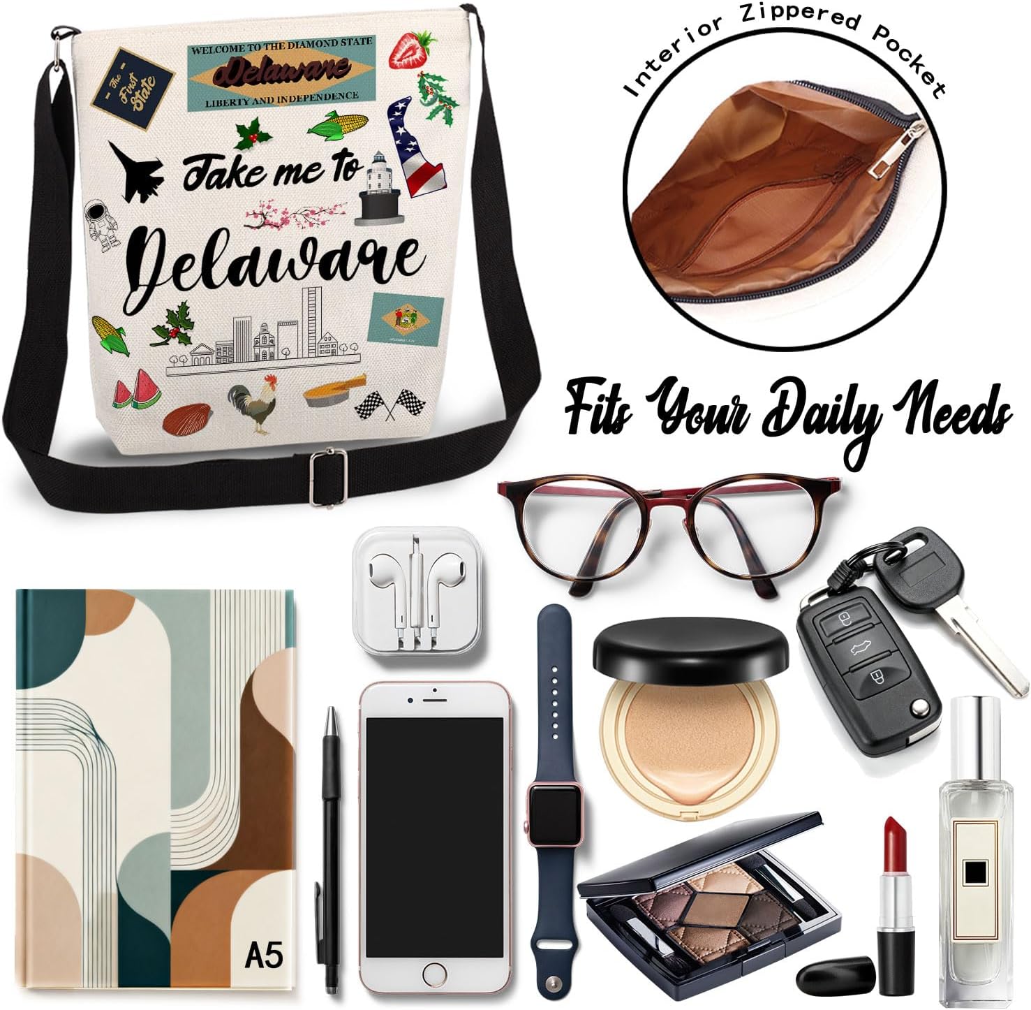 Take Me To Delaware Print Canvas Crossbody Bag, Adjustable Strap Lightweight Purse with Top Zipper & Inner Pocket, Daily Shoulder Bag Delaware Travel Gift for Women - Image 6