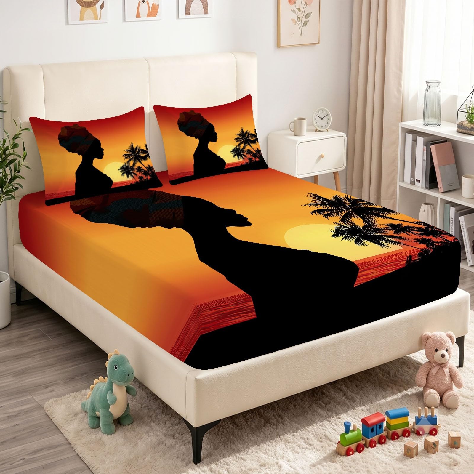 Mädchen Spannbetttuch 180 x 200 cm Orange - Sonnenuntergang Frauen Silhouette Spannbettlaken - Modern Dekorativ Bettlaken Weich & Bügelfrei Atmungsaktiv Mikrofaser Hypoallergen für Boxspringbett