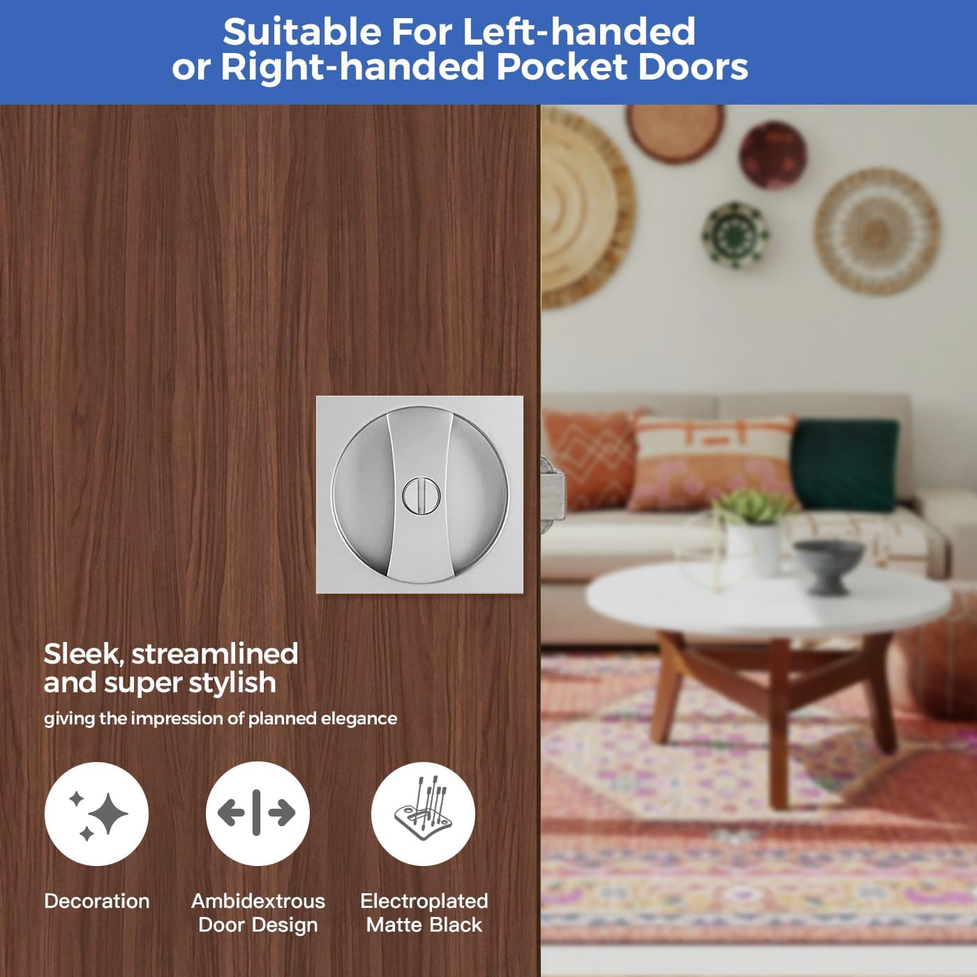 Brushed Nickel Pocket Door Hardware with Privacy Lock & Latch - Contemporary Style Square Pocket Door Lock with Edge Pull (1 Pack)