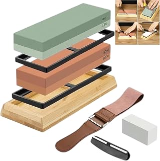 THW® Knife Sharpeners for Kitchen, 400/1000/3000/8000 Double Side Grit Waterstone, Professional Chef Whetstone Sharpener, Non-Slip Bamboo Base, Ideal Grinding Stone for Chefs and Commercial Kitchens