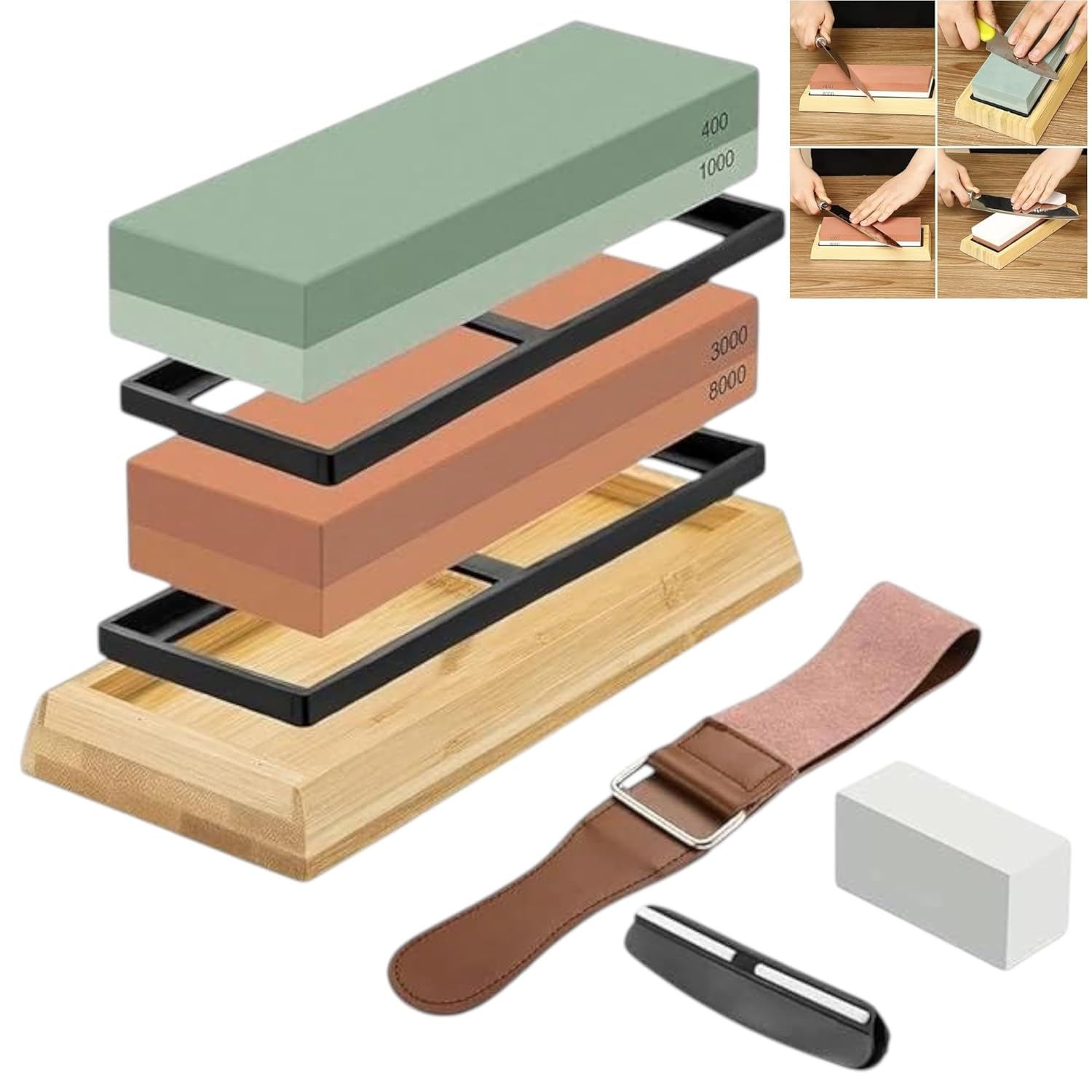 THW® Knife Sharpeners for Kitchen, 400/1000/3000/8000 Double Side Grit Waterstone, Professional Chef Whetstone Sharpener, Non-Slip Bamboo Base, Ideal Grinding Stone for Chefs and Commercial Kitchens THW® Knife Sharpeners for Kitchen, 400/1000/3000/8000 Double Side Grit Waterstone, Professional Chef Whetstone Sharpener, Non-Slip Bamboo Base, Ideal Grinding Stone for Chefs and Commercial Kitchens