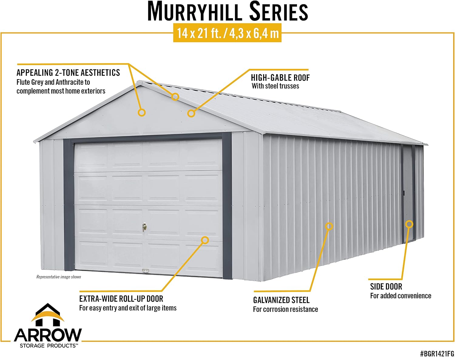 Arrow Shed 14' x 21' Murryhill Garage Galvanized Steel Extra Tall Walls Prefabricated Shed Storage Building, 14' x 21', Flute Gray