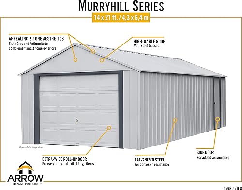 Miniatura 27 de Arrow Shed 12' x 10' Murryhill Garage Galvanized Steel Extra Tall Walls Prefabricated Shed Storage Building, 12' x 10', Flute Gray