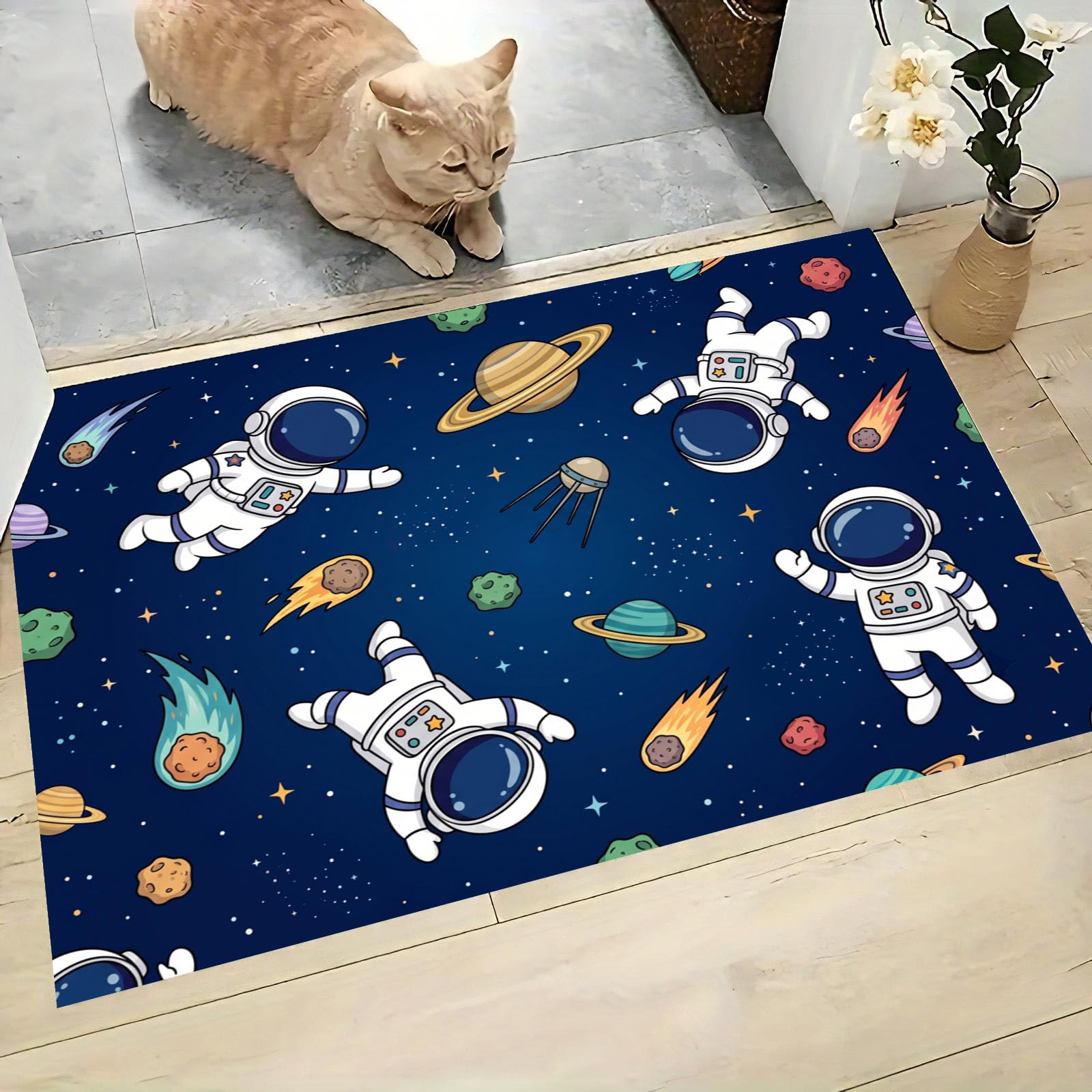 Felpudo Entrada Casa, 80x120cm Alfombra de Puerta Meteorito Astronauta Tapetes de Interior Espacio De Dibujos Animados Antideslizante para Decorativo Dormitorios y Zonas Entrada Cuartos, Azul Marino