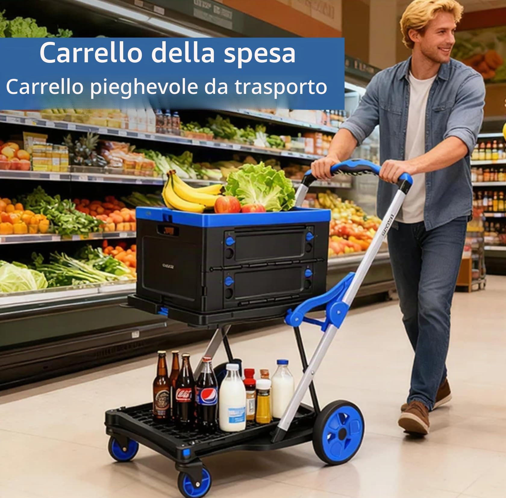 COOCHEER Carrello Spesa Pieghevole 90kg - Carrello Trasporto Multifunzione con Cestino Rimovibile | Manico Regolabile in Altezza | Perfetto per Shopping, Trasporti e Camping