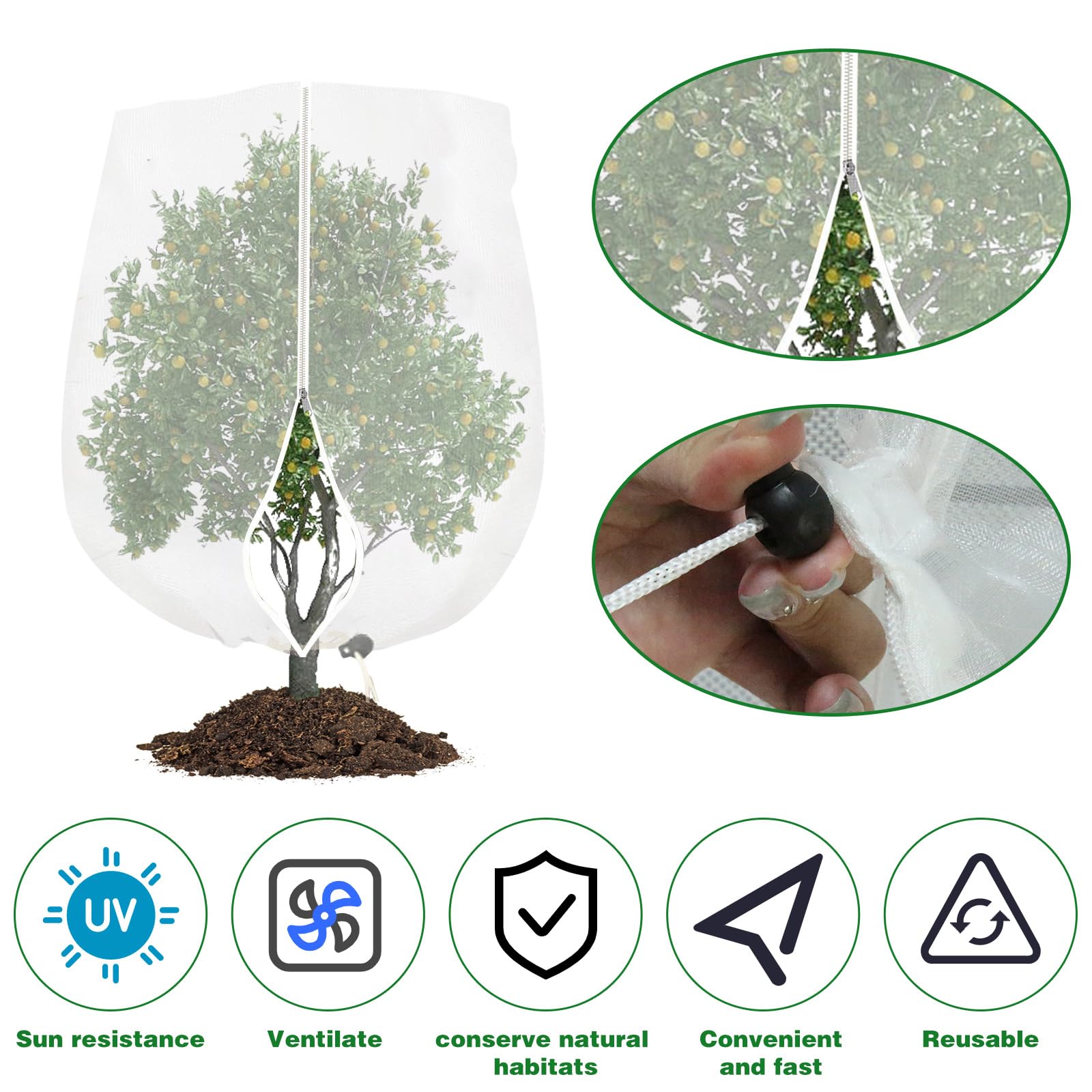 Rete per alberi da frutto 1 pezzi rete da giardino per piante con cerniera e coulisse protezione piante (2,4m×2,4m, Bianco