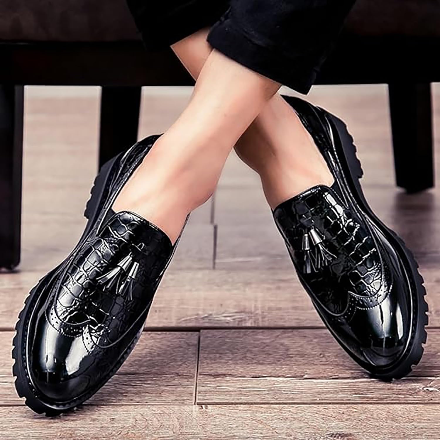 Mocasines con borlas para hombre, zapatos de vestir formales de negocios con lados elásticos para el trabajo, casual, negro, blanco, rojo