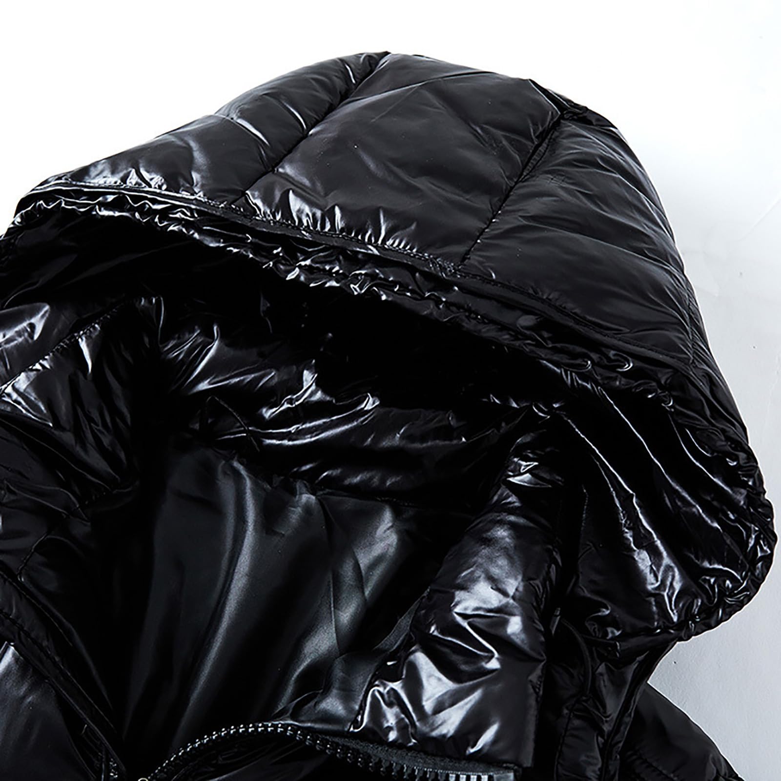 Winterkapuzenjacke, warm, mittleres Gewicht, Metallic-Daunenjacke, Reißverschluss, Steppung, glänzender Puffermantel, Schwarz , M