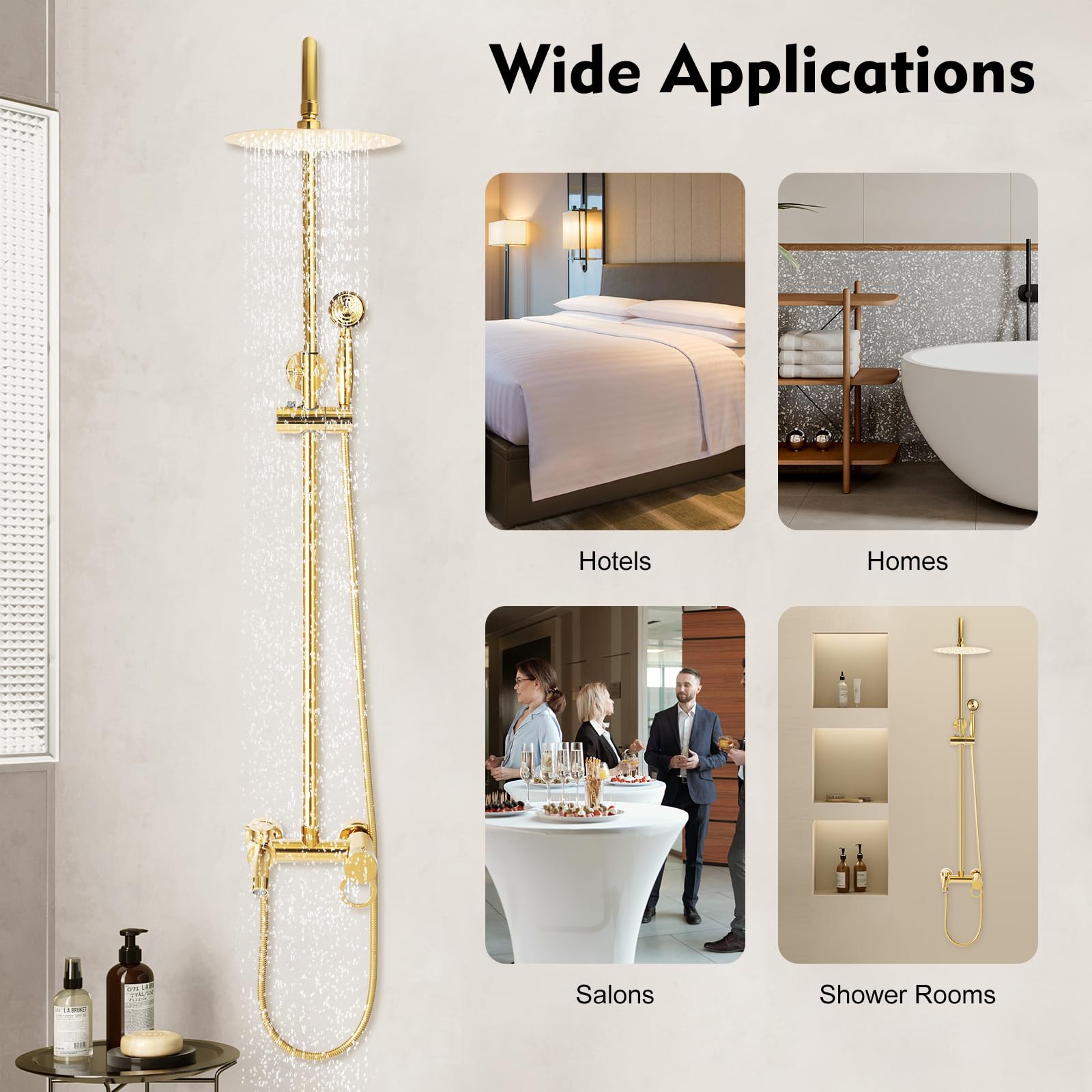 Gold-Duschzubehör,Duschsysteme,Badezimmer-Duschsets,Duschpaneele,Regenbrausen,Handbrausen,Gold gebürstete Duschsets,Messingkörper,Wandmontage