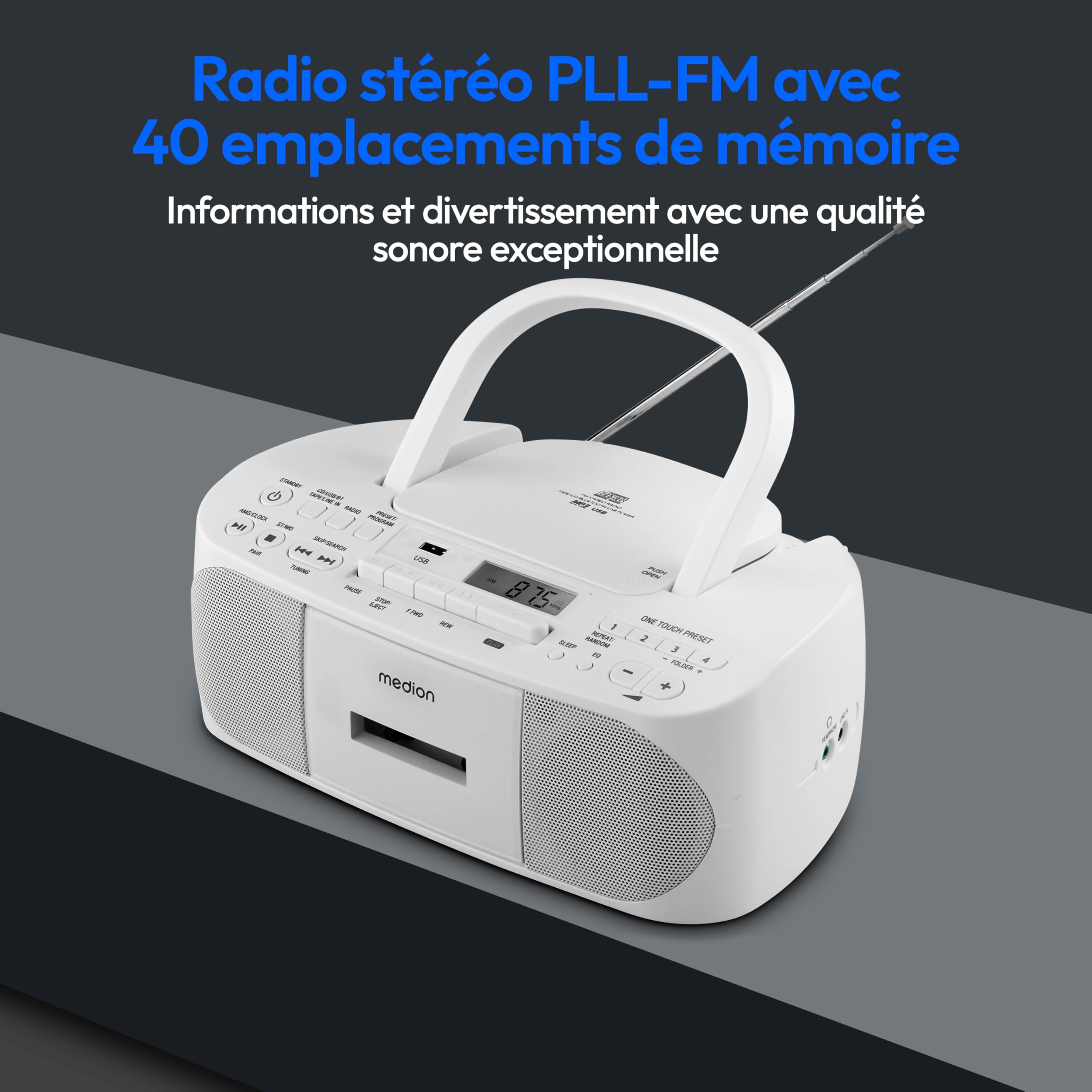 MEDION Radio Stéréo E65010 Lecteur CD Cassette USB AUX MP3 FM PLL 40 Stations Batterie Télécommande Blanc