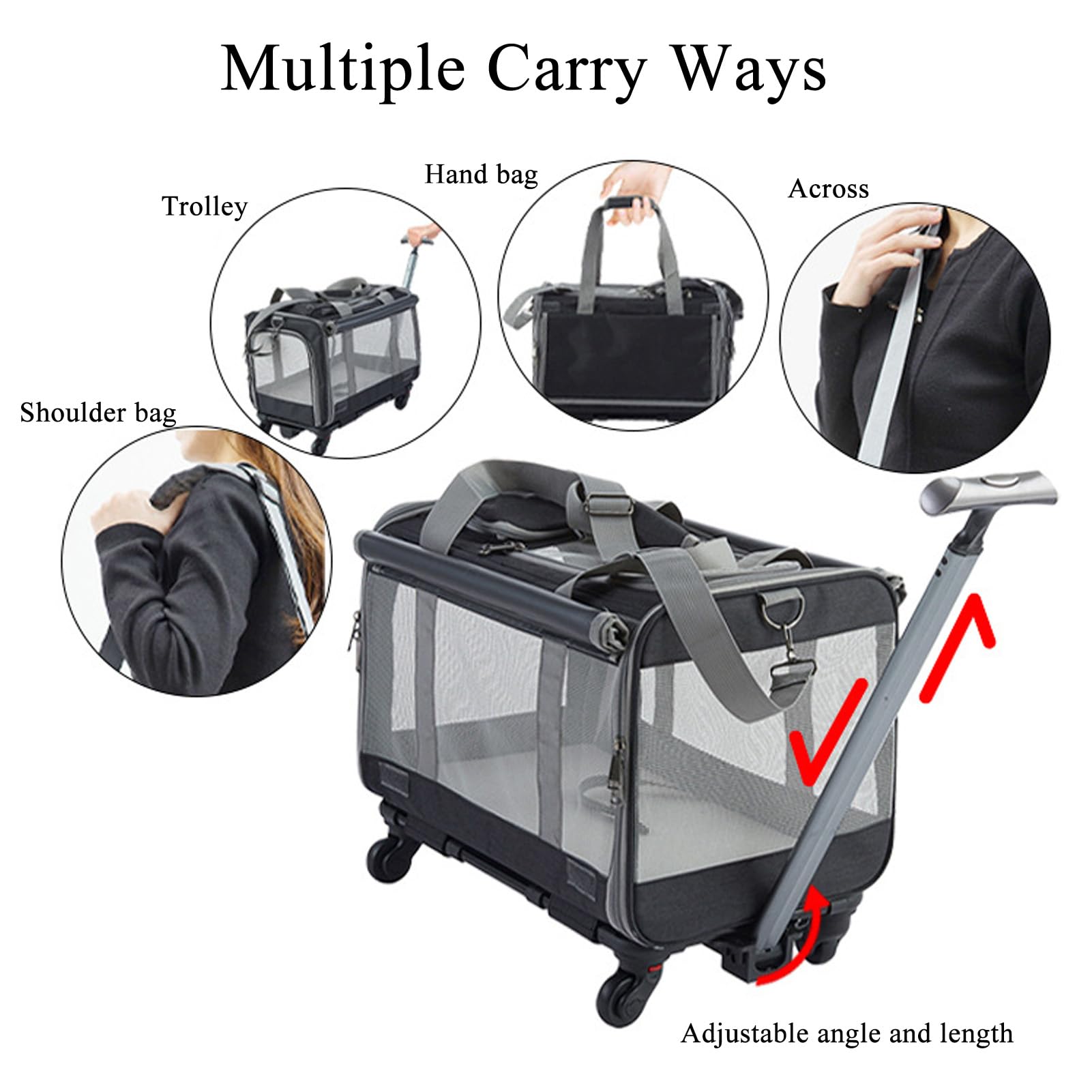 Transportín para Perros y Gatos con Ruedas, Bolsa de Transporte para Mascotas Plegable Portátil con 4 Ventanas de Malla Transpirable para Viajes de Camping Al Aire Libre, Bolsa