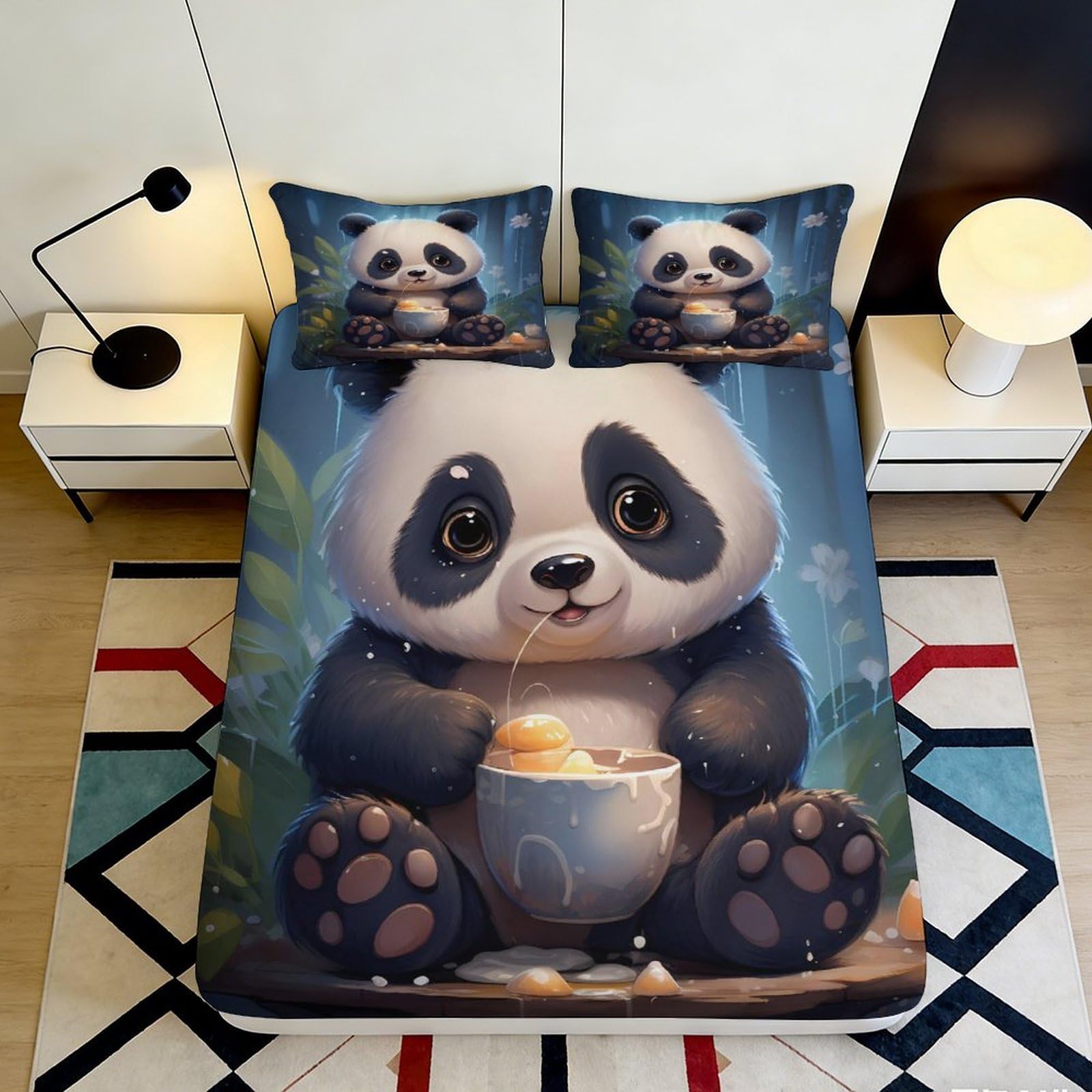 Uynsixtme Style-8 3D Printed Cute Panda Fitted Sheet Microfiber Deep Pocket Bedroom Bedding Cartoon Panda Mattress Fitted Cover Non-Slip Washable 200X200x25cm