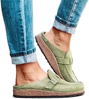 MEGIMA Women's Casual Sandals Clogs Suede Slip on Sandals Summer Home Office Beach Shoes Flat Round Toe Backless Walking Slippers,Green,42