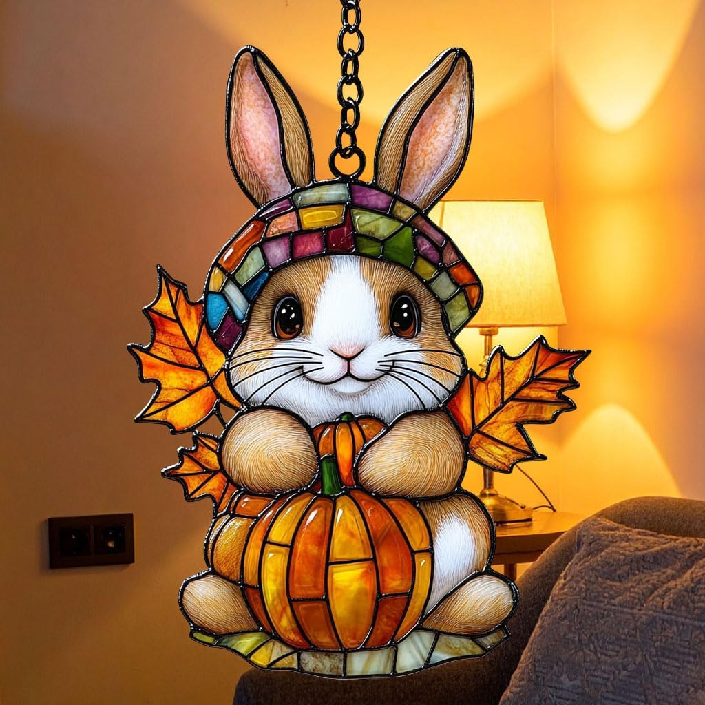 Autumn Bunny Pumpkin Maple Acrylic Suncatcher Stained Glass Effect Window Car Hanging Christmas Ornament Indoor Outdoor Decor Garden Sun Catcher Panel for Thanksgiving Lover for Women Mom Grandma