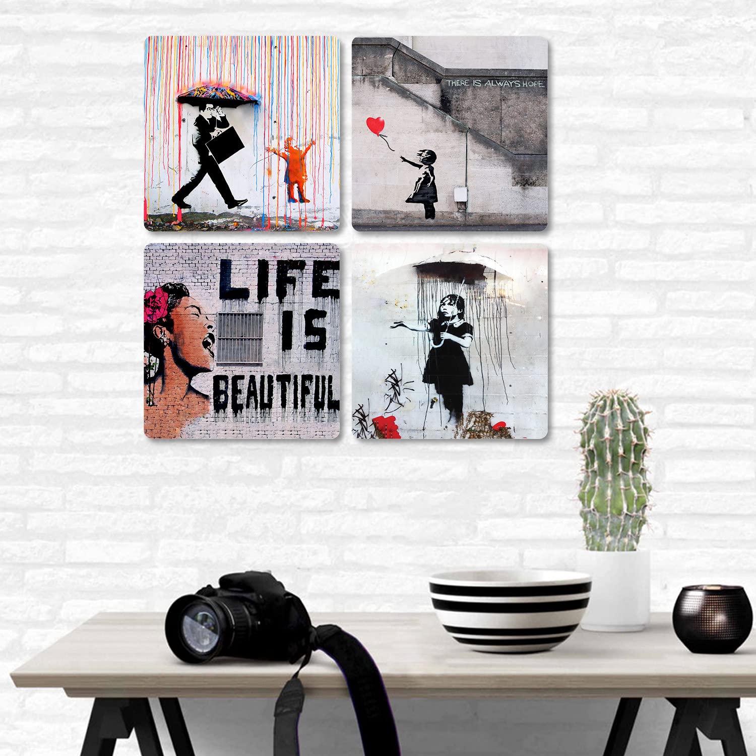 Giallobus - 4 carrés multi-panneaux - Banksy - Les plus belles œuvres de Banksy - Collection 1 - Bois MDF - 29,7x29,7 - x 4 pièces