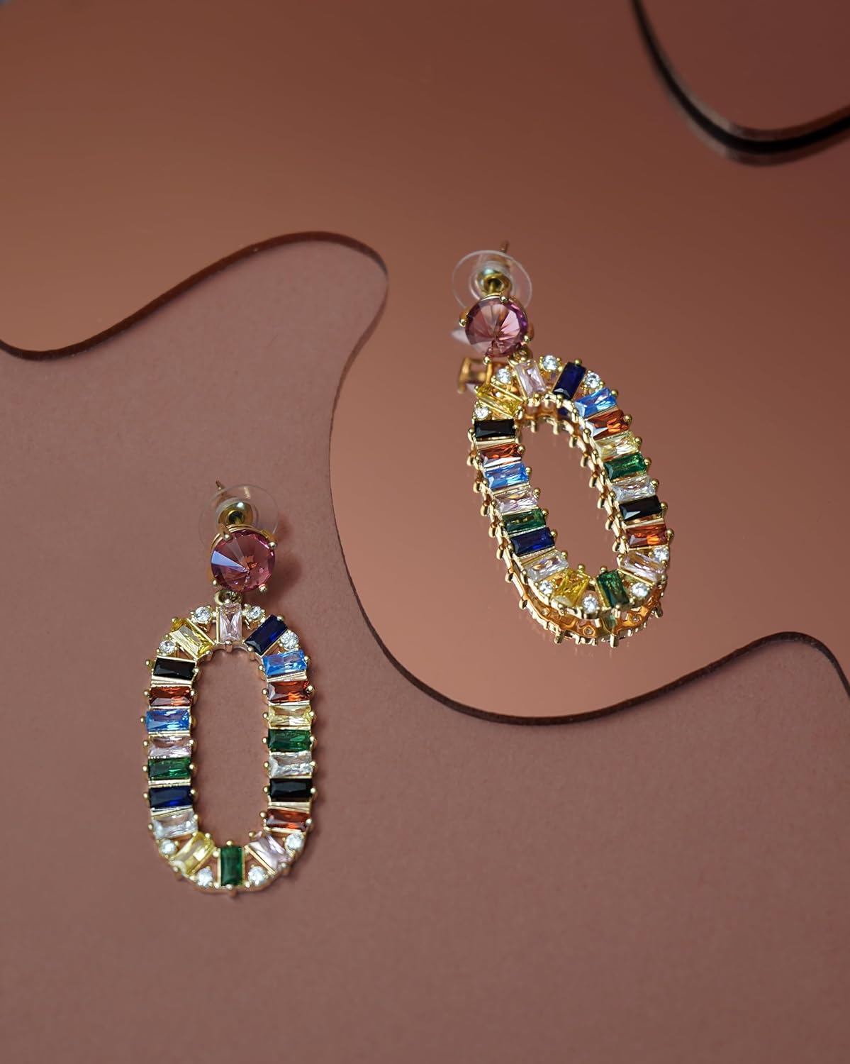 Huggie Earrings, Gold Plated, Red, Pink, Sparkly Rhinestone Rectangle Dangle Earrings, Geometric Drop, Multi Color, Gemstone, Chunky Hoop, Dangling, Rhinstone, Women - Image 3