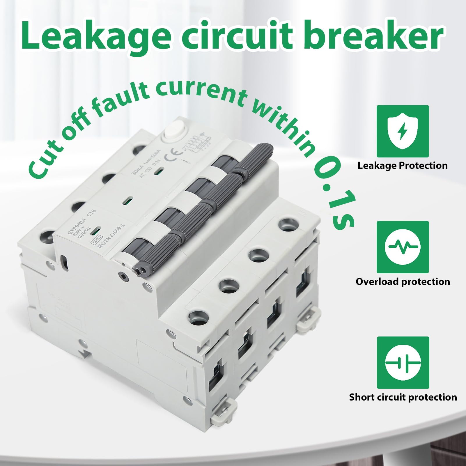 Fehlerstromschutzschalter Fi Schutzschalter 16A 30MA 3P+N Fi Schalter RCBO 6KA MCB Fehlerstrom Schutzschalter AC 400V mit Ableitstromschutz Überlast und Kurzschlussschutz, DIN Schienenmontage.