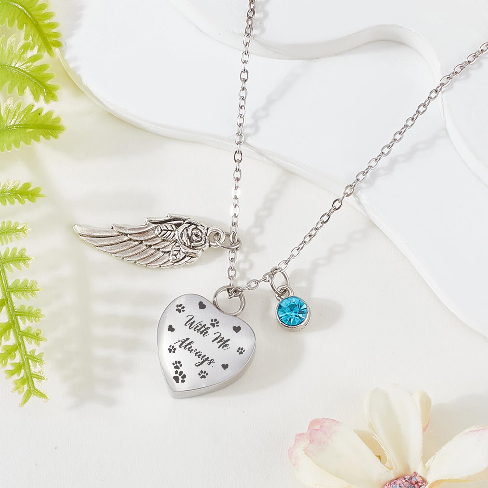 CREATCABIN Heart Urn Necklace for Ashes Cremation Jewelry Set Stainless Steel Paw Print Keepsake Memorial Pendant Ashes Urn Necklace with 12 Birthstones Velvet Drawstring Bag for Human 0.8x1Inch - Image 3