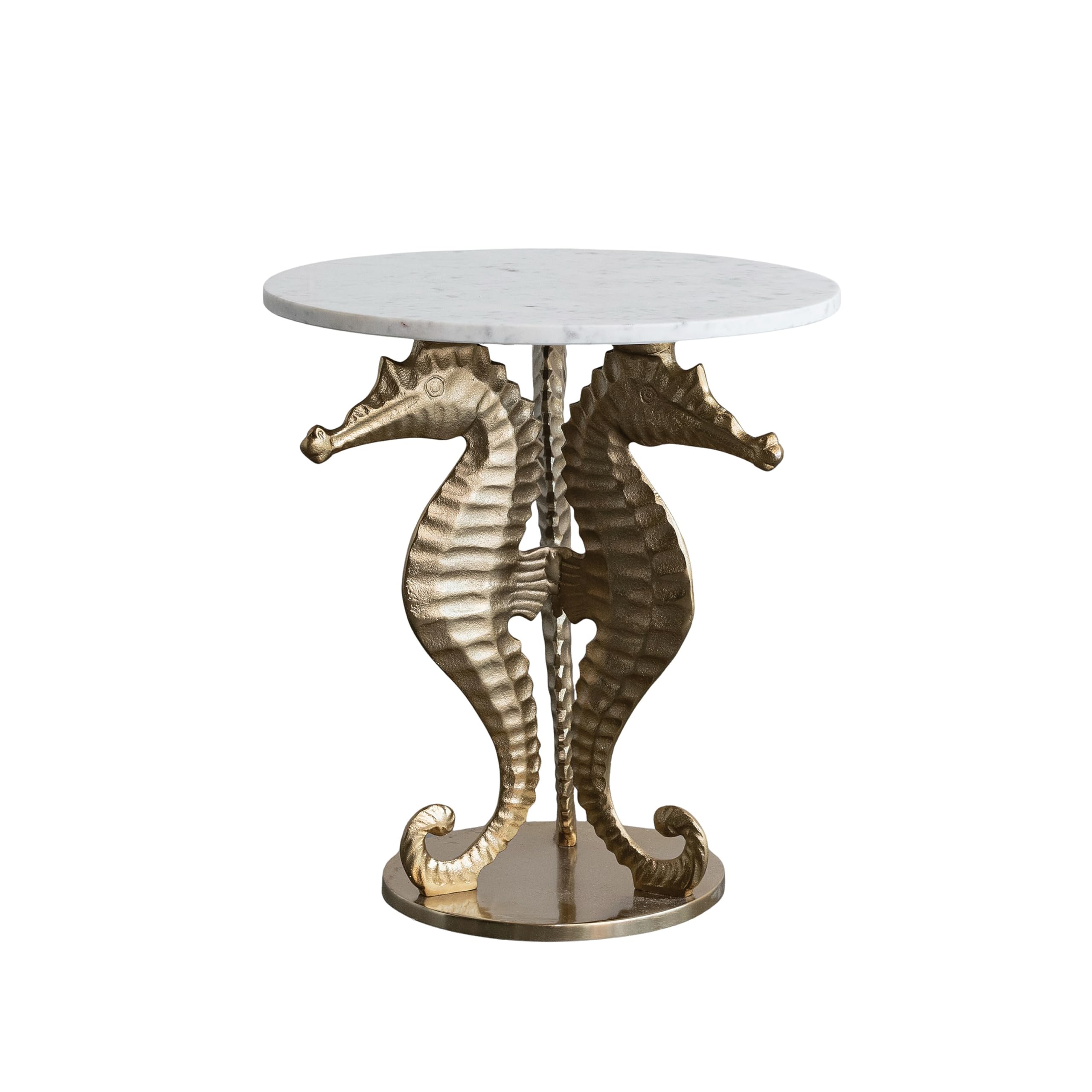 Creative Co-Op Round Marble Top Table with Cast Aluminum Seahorses Base, Gold Finish and White