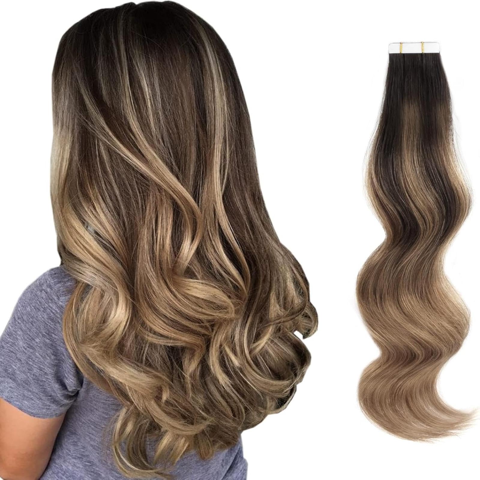ABH AmazingBeauty Hair Sun-kissed Hair Balayage Extensions Tape-ins, Invisible, Double Sided Real Remy Human Hair Skin Weft, 50g 20pcs, Dark Brown with Chestnut Brown B2-6, 22 Inch