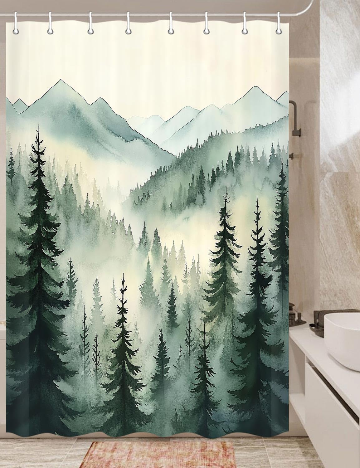 JAWO Forest Shower Curtain, Forest Pine Tree Refreshing Woodland Wilderness Mountainside Landscape Shower Curtain for Bathroom, Fabric Nature Shower