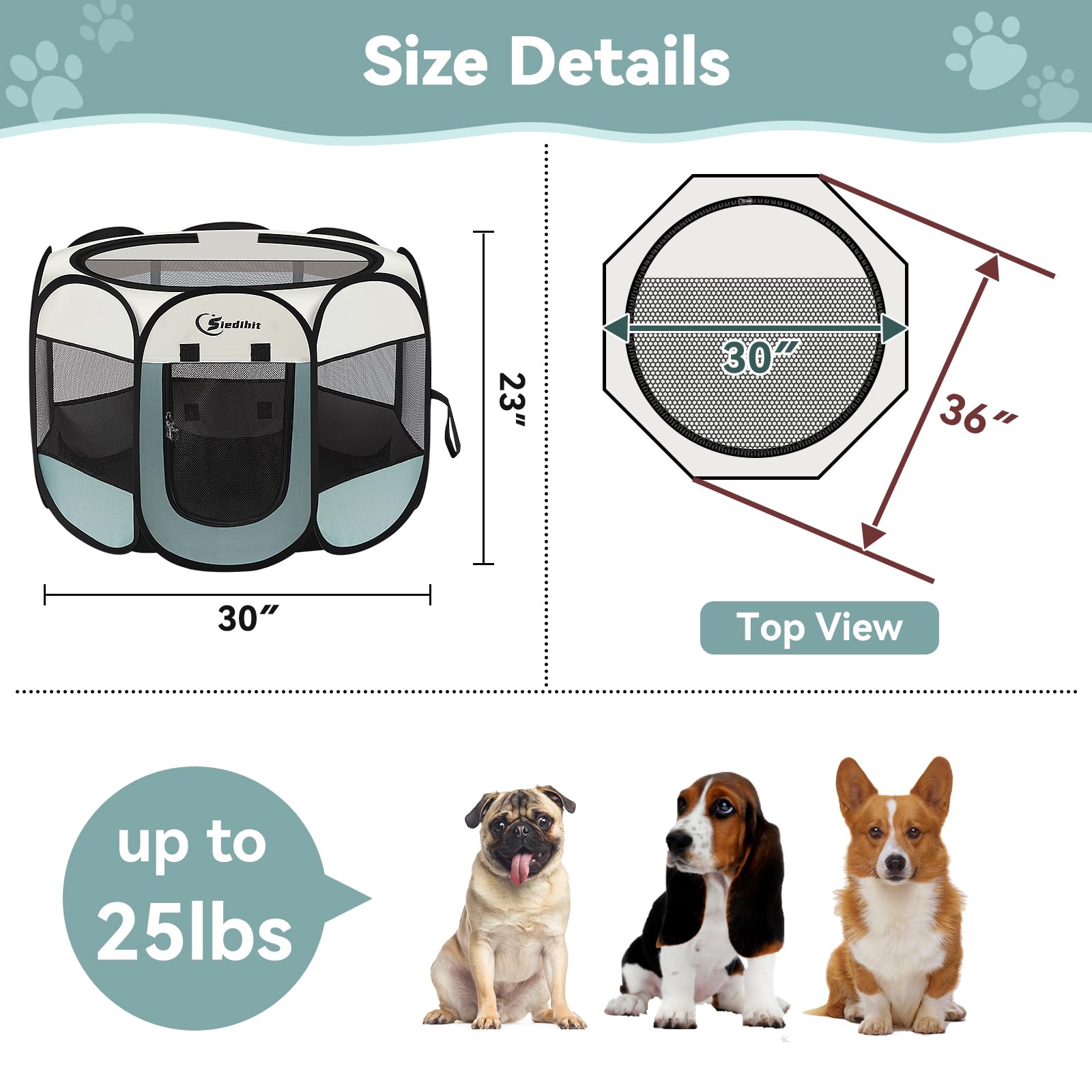 Siedihit - Recinto pieghevole grande per cani, gatti, conigli e cuccioli, per interni ed esterni, portatile, con custodia per il trasporto, parte superiore rimovibile con cerniera, M, grigio