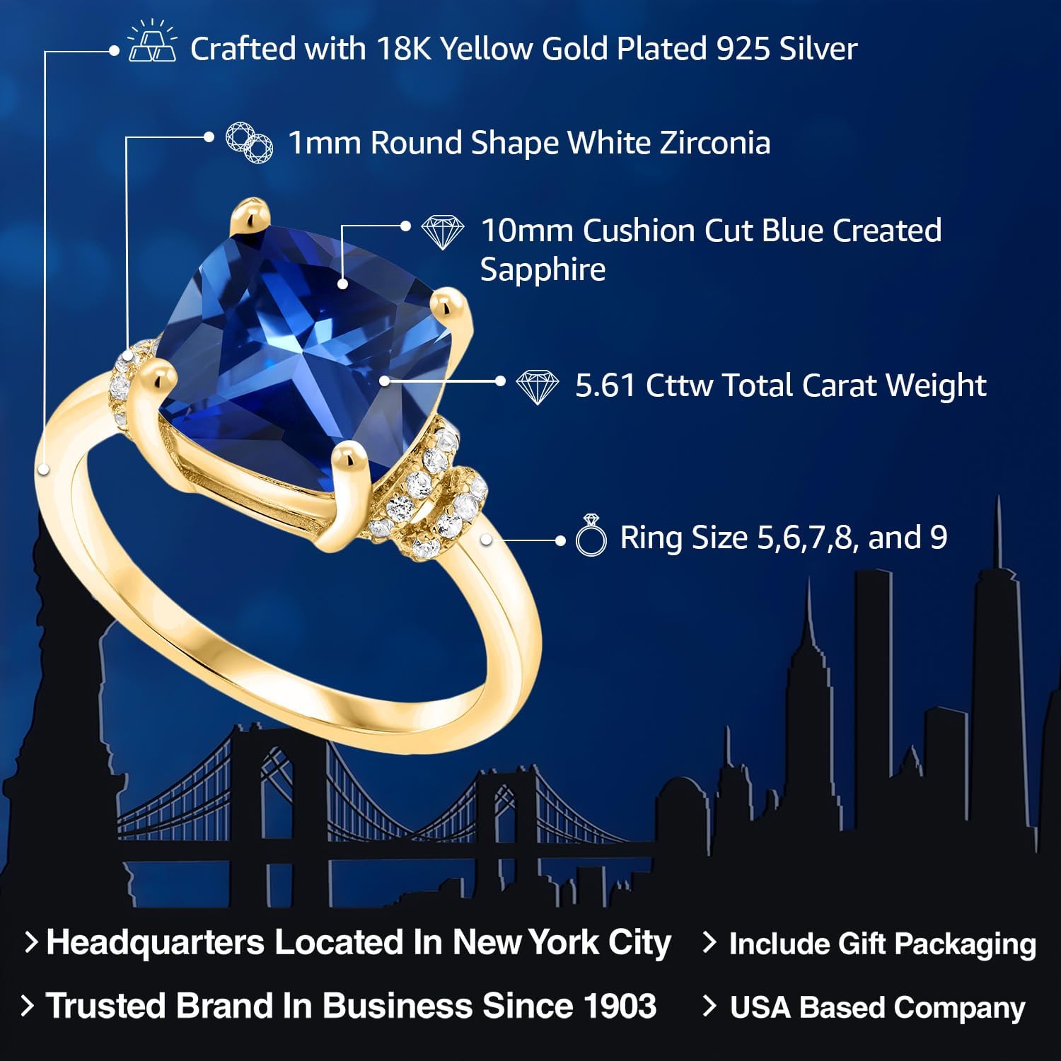 Gem Stone King 3-5 Cttw Gemstone Birthstone Ring For Women | 18K Yellow Gold Plated Silver | Cushion 10MM | Wedding Anniversary Engagement Promise Ring | Size 5-9 - Image 2