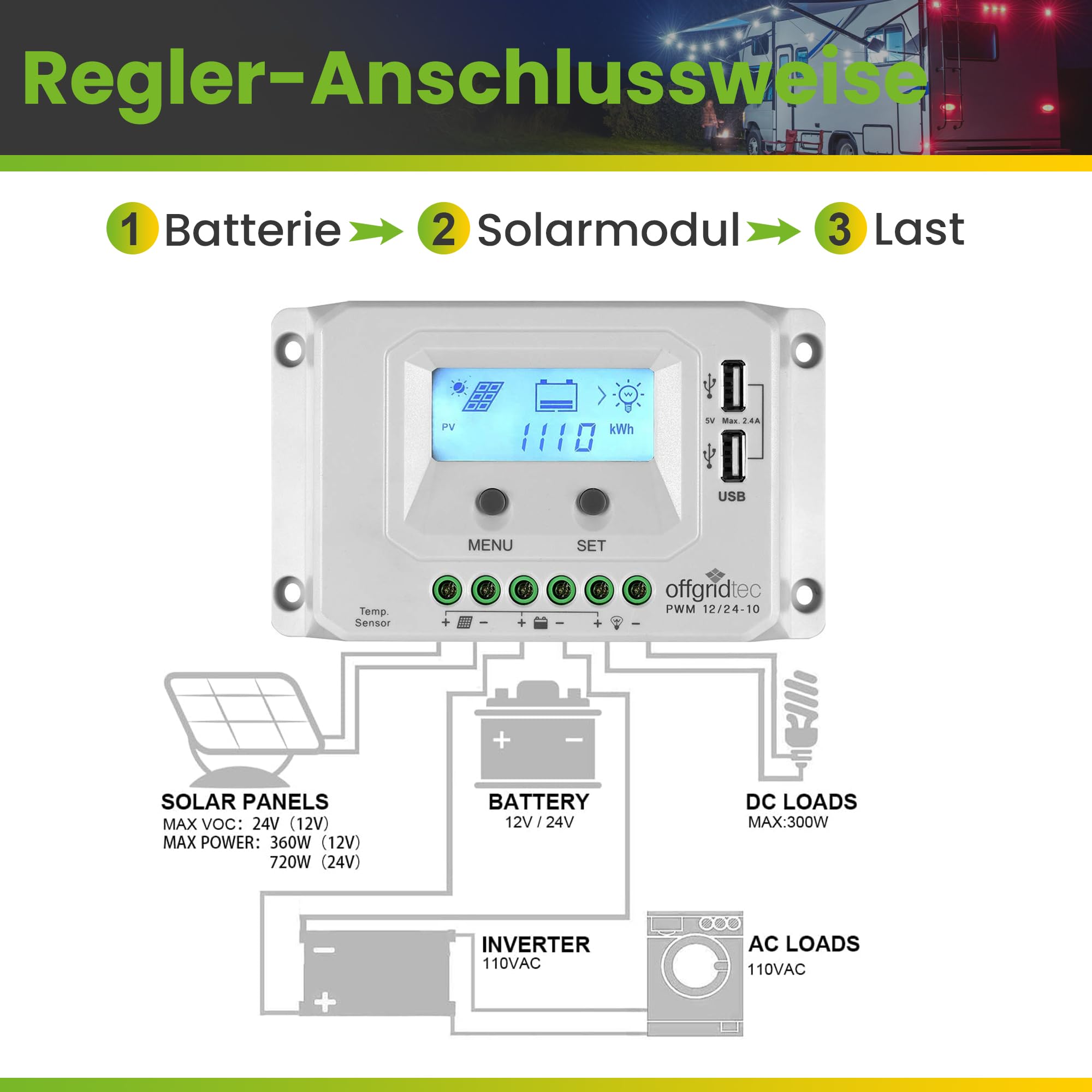 Offgridtec PWM Pro regolatore di carica 12 V/24 V 10 A USB