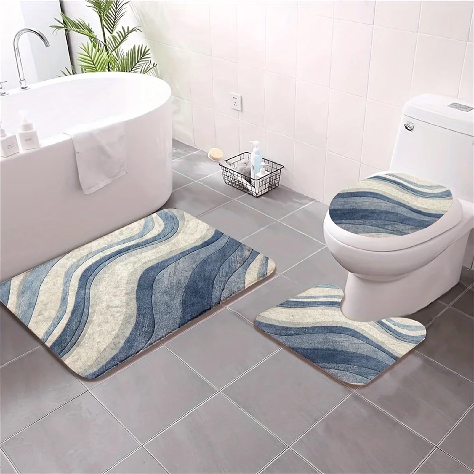 Ensemble de Tapis de Bain Tapis de Sol Salle Bain Moderne et Simple (3 pièces) - Imperméable antidérapant Motif ondulé Bleu Blanc