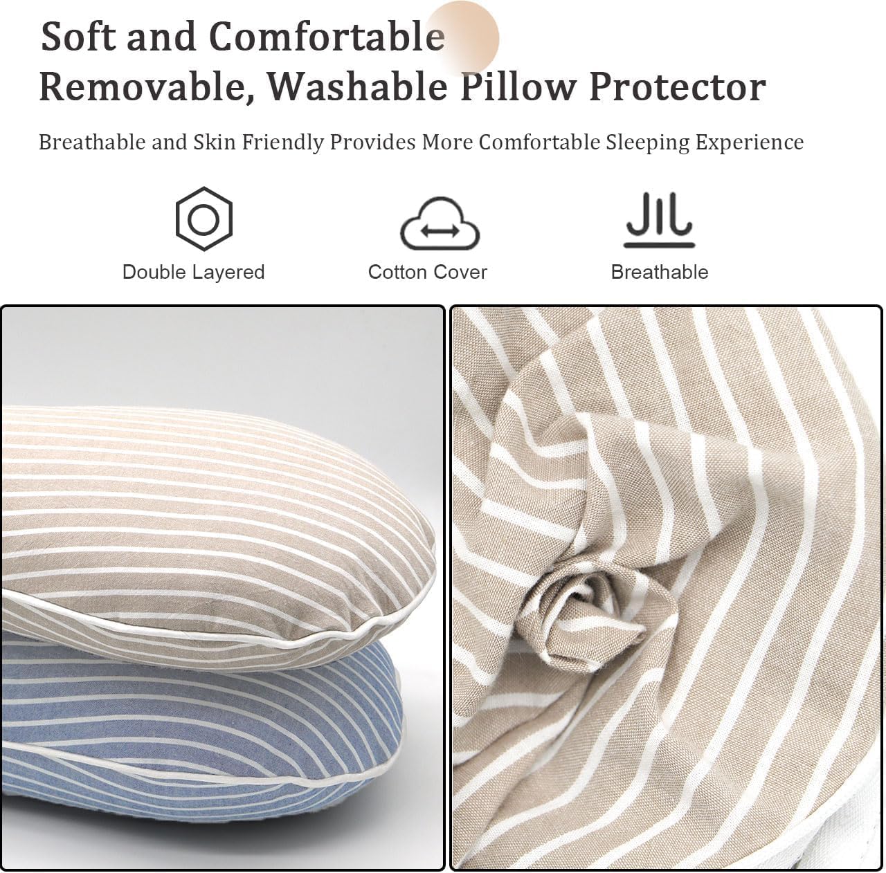 Firm Buckwheat Neck Pillow, Adjustable Height, Cervical Back Support for Neck Pain Relief, Cool Stripe Bone Shape Pillow for Recliner Sleeping, Khaki 19"X7"