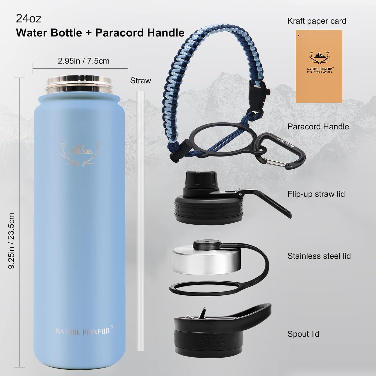 NATURE PIONEOR Insulated Water Bottles with Paracord Handle - 24 oz Vacuum Sports Wide Mouth Water Bottle with 3 Lids, Leak Proof Stainless Steel Keeps Hot and Cold - Image 6