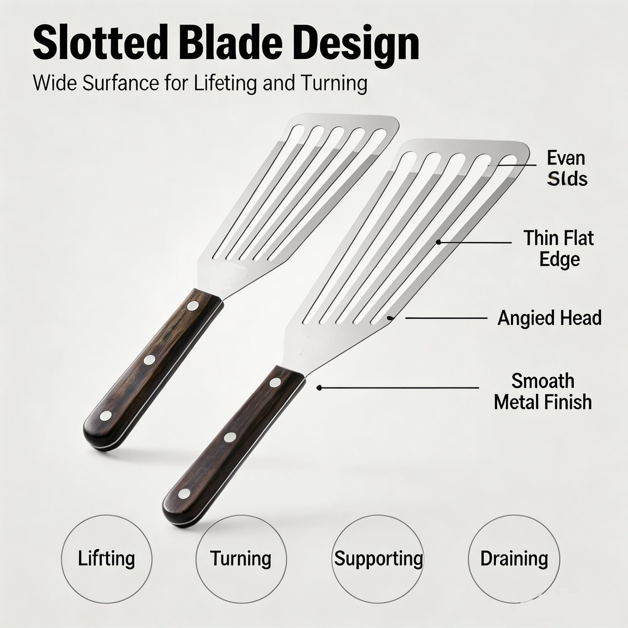 Genérico Paquete de 2 espátulas for Pescado de Acero Inoxidable | Volteadores ranurados de acero inoxidable con mangos de madera for uso en plancha y sartén.(4pc fish spatula)