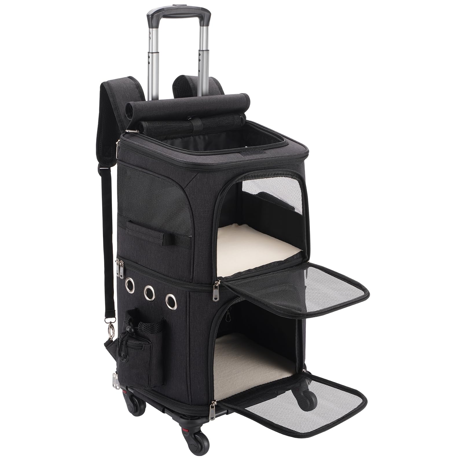 FASNATI Mochila transportadora para gatos de doble compartimento con ruedas desmontables, mochila plegable para perros, mochila transportadora para mascotas para 2 gatos pequeños, perros y conejos,