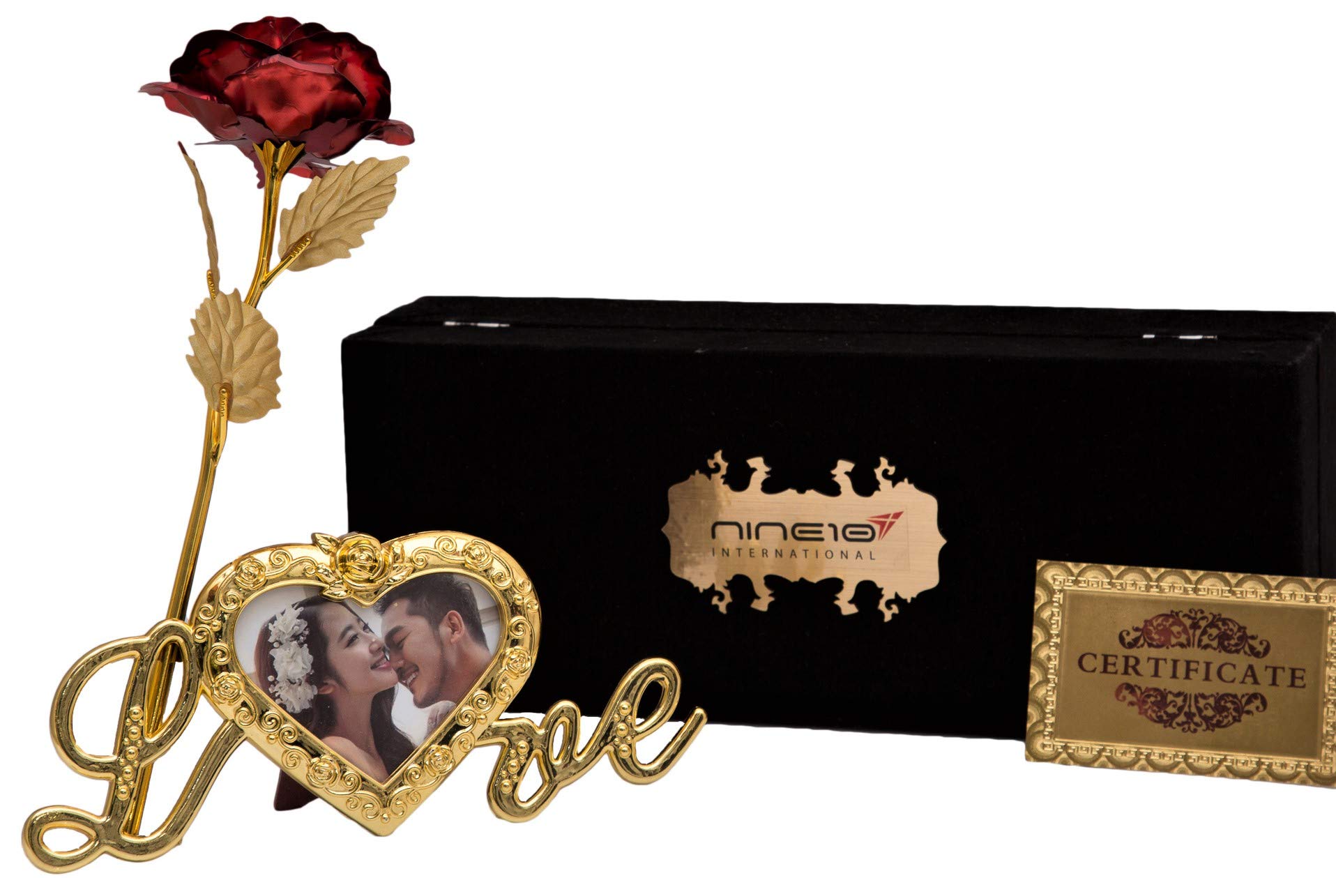NINE10 Red Rose 24K Gold Foil/Gold Plated Rose Box and Heart Shape Photo Frame Stand-image-2