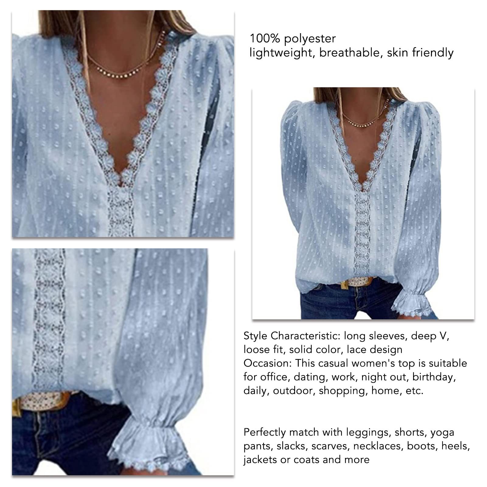 Ejoyous Camicetta di Chiffon con Scollo a V da Donna Estate Casual Swiss DOT Tops Pizzo Stiching Manica Lunga Tinta Unita Magliette Larghe Tunica Camicette Camicette(XL-Blu)