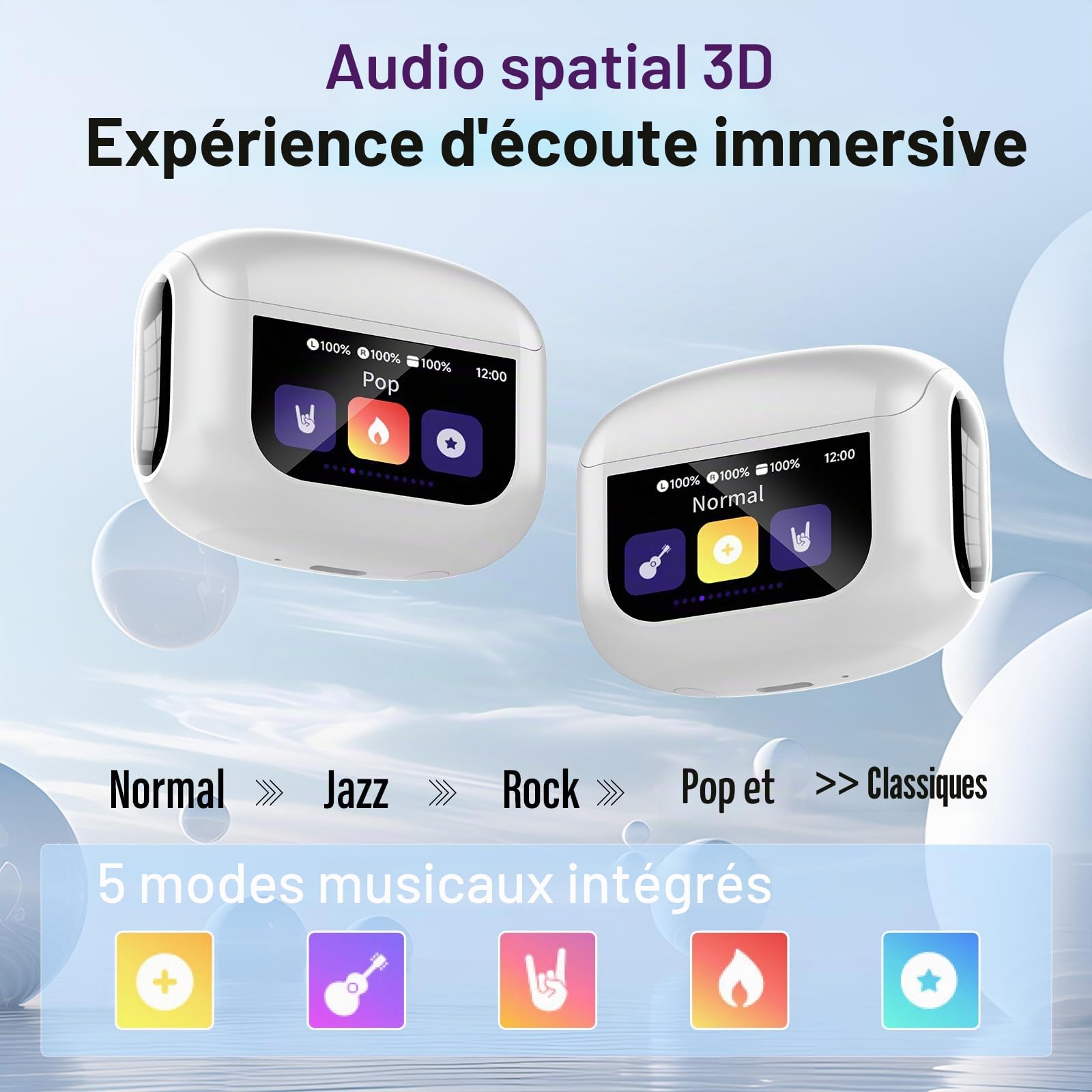 Ecouteurs Bluetooth sans Fil, 48H Écouteur Bluetooth 5.4 avec Écran Tactile Multifonction, IPX7 Étanche Stéréo Immersif Ecouteurs sans Fil avec Réduction du Bruit ANC/ENC/Mode Transparence, Blanc