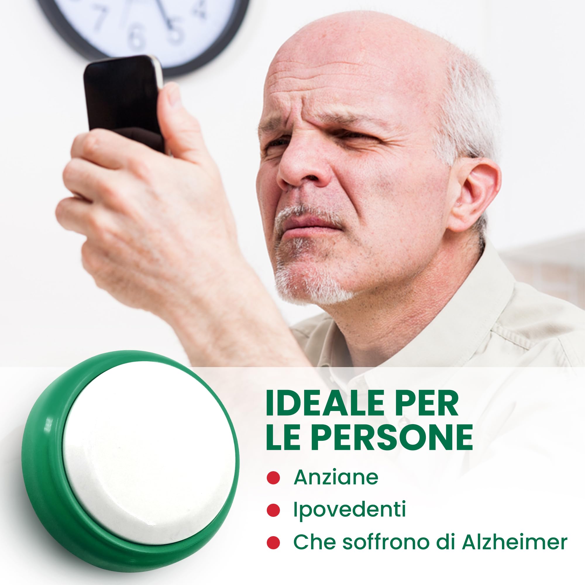 Orologio Parlante Formato 12 Ore - Più Facile da Capire - per Anziani, Ipovedenti, Ciechi, Malati di Alzheimer - Sveglia ad Alta Visibilità, Voce Italiana